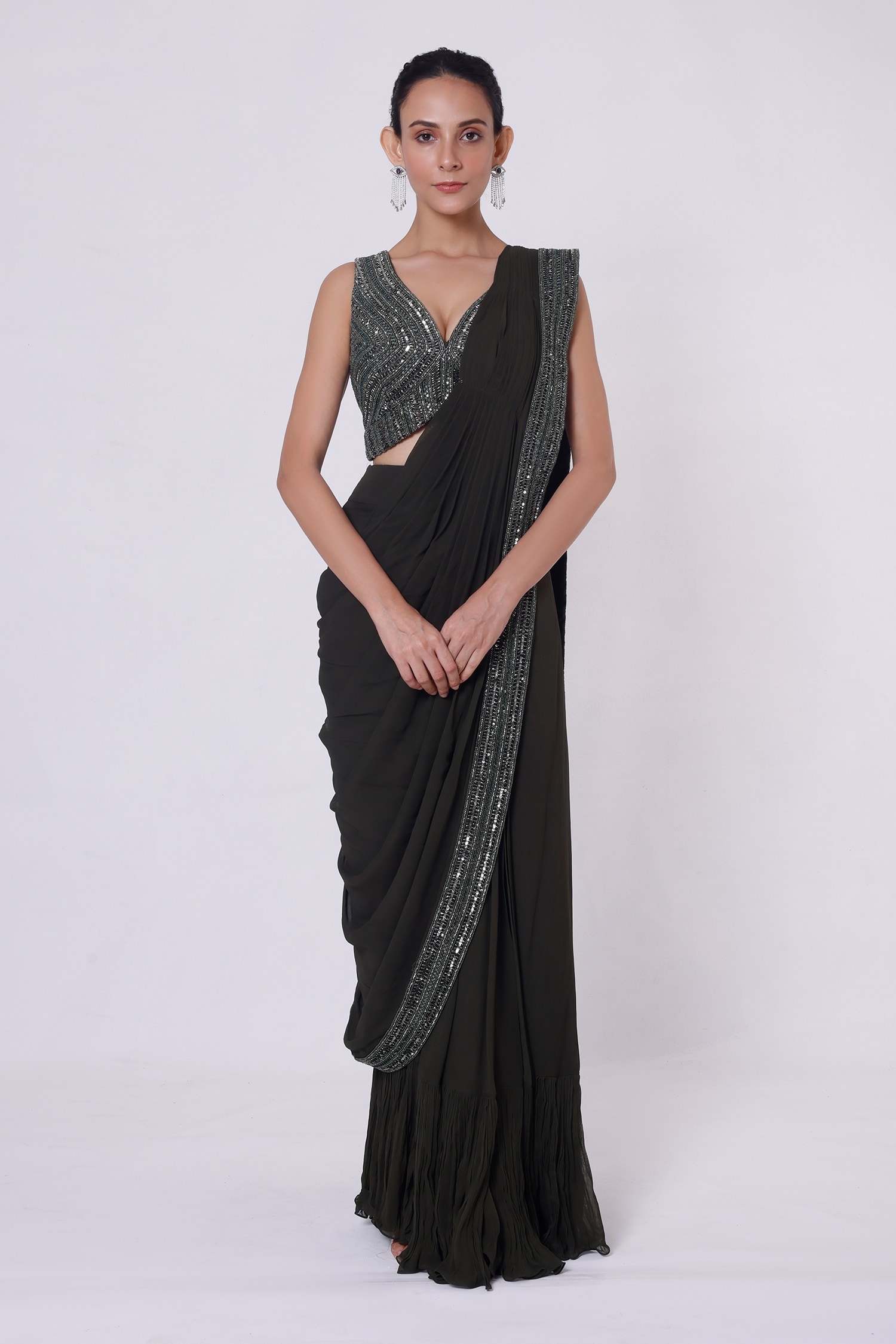 Buy Green Georgette Embellished And Cutdana Pre-draped Saree With Blouse  For Women by Onaya Online at Aza Fashions.