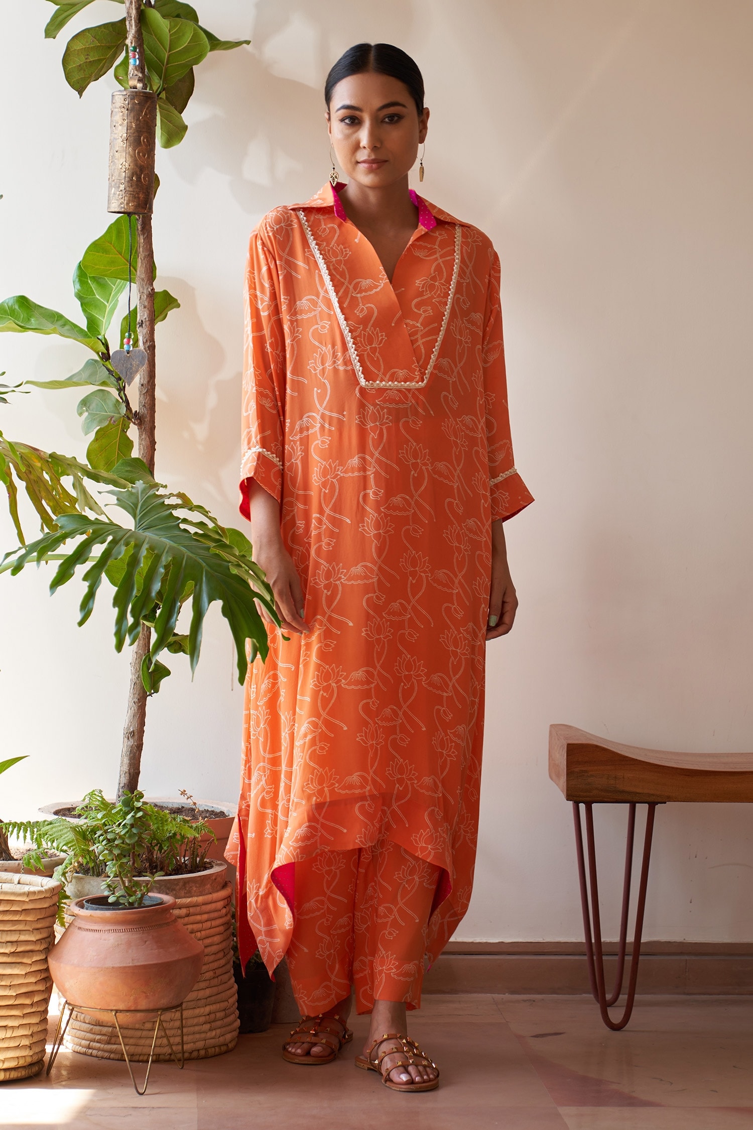 Rekha Agra Orange Cotton Crepe Lotus Print Asymmetric Kaftan With Pant