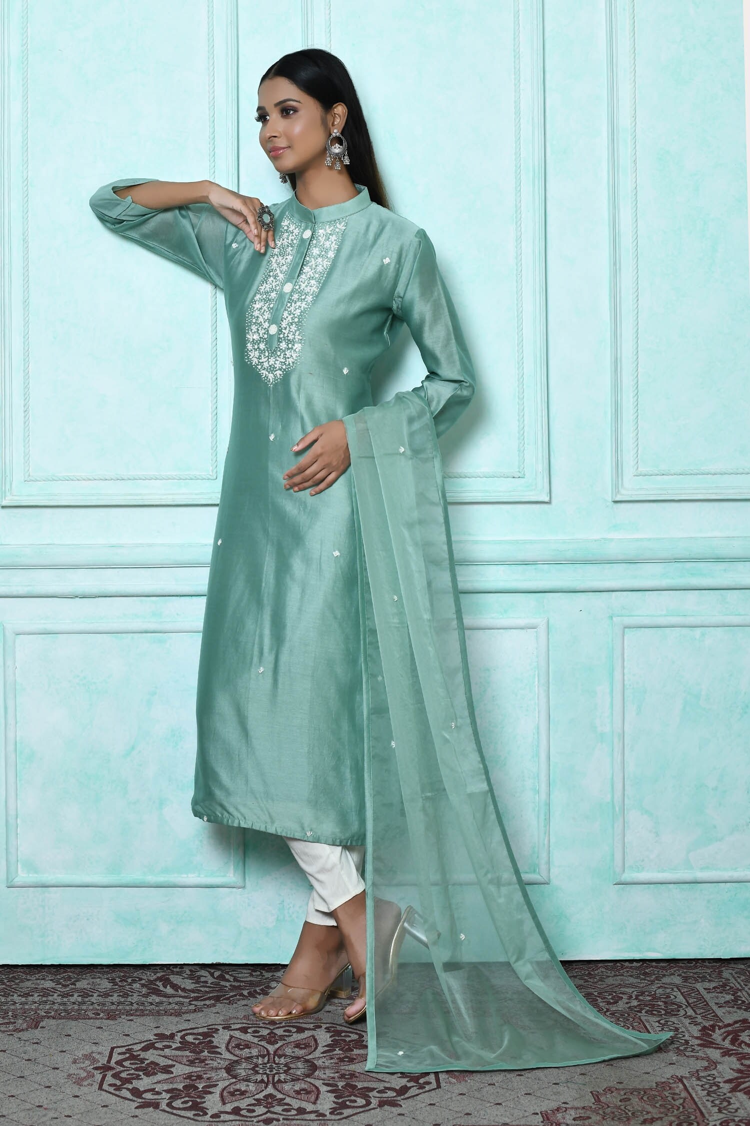 Buy Green Dola Silk Embroidered Pearl Band Collar Kurta With Dupatta