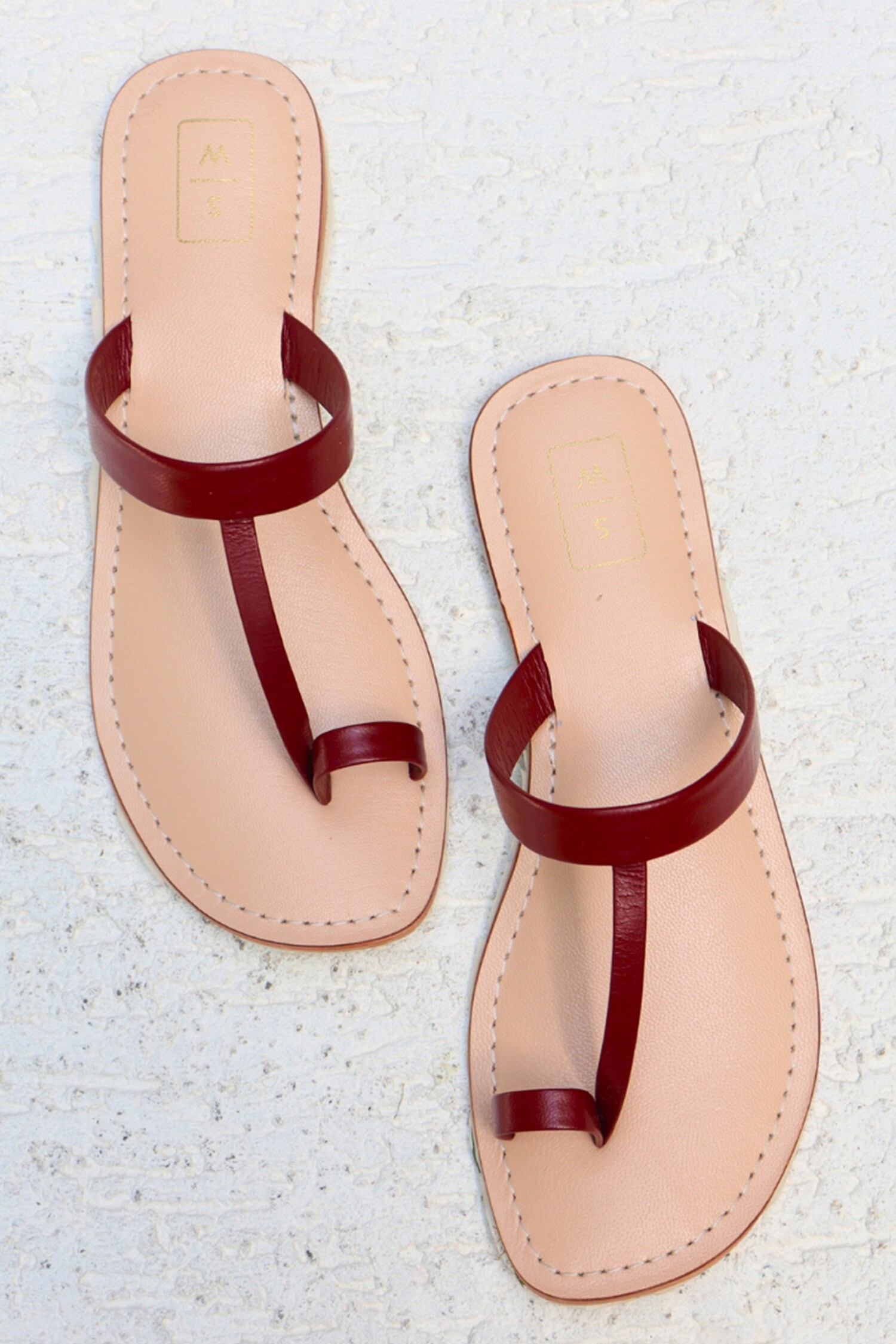 Sandalwali Maroon Leather Monica Solid Toe Ring Sandals
