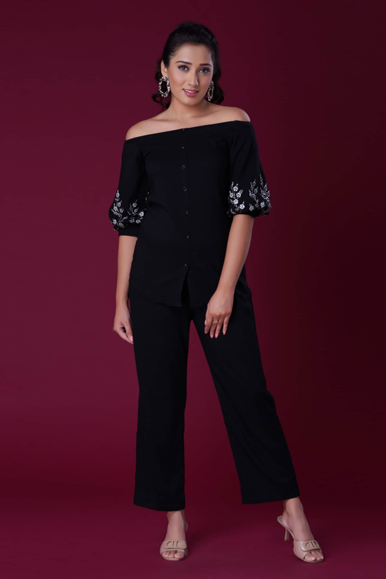 Buy Black Semi Stretch Embellished Off Shoulder Shirt And Pant Set For Women By Amani Online At 7327