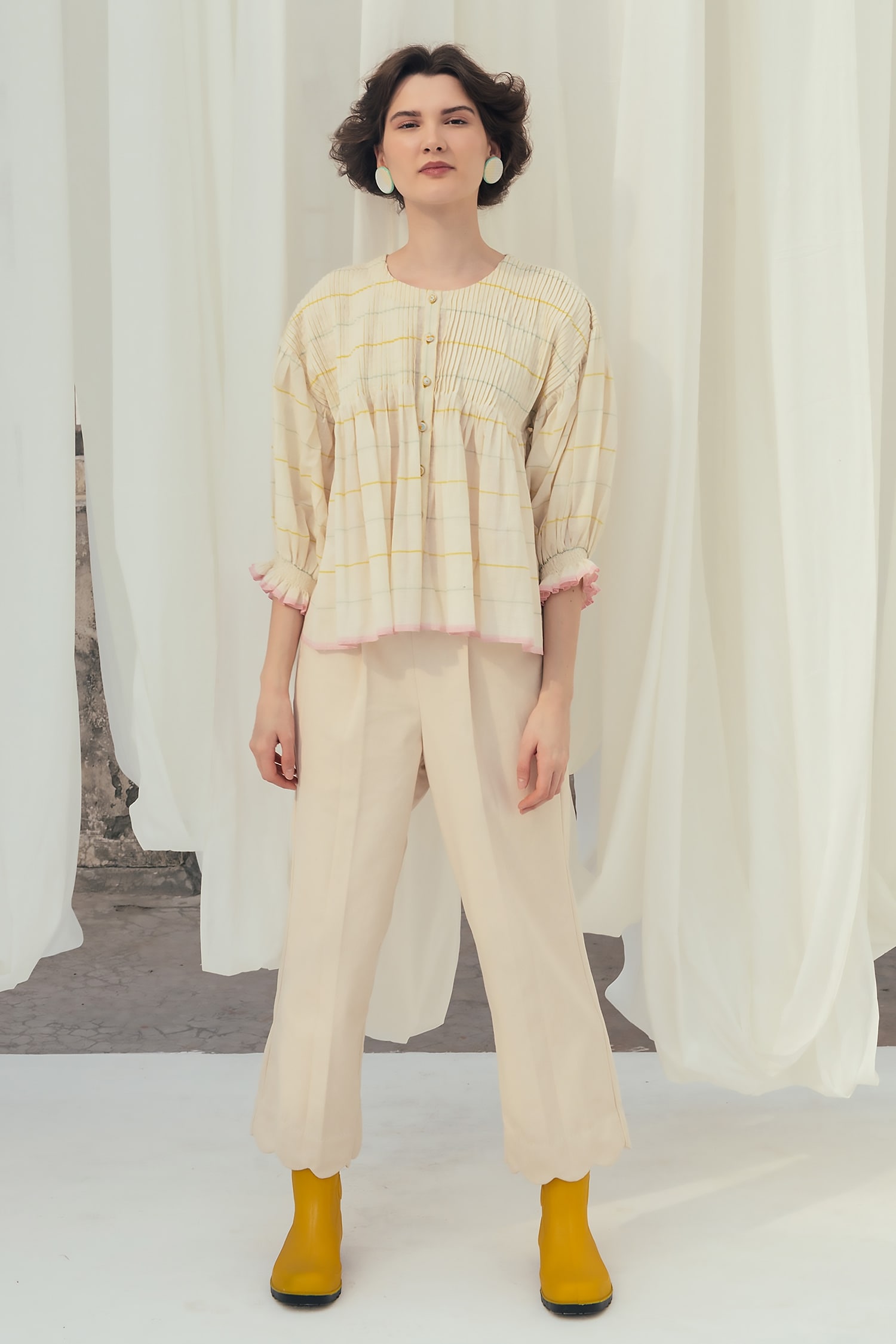 Itr by Khyati Pande Beige Handwoven Mul Cotton Checkered Pattern Anne Peasant Top For Women