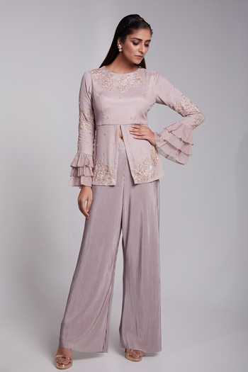 Pink Crepe Cutdana Sequin Embroidered Croptop Palazzo Suit With Dupatta main image 1