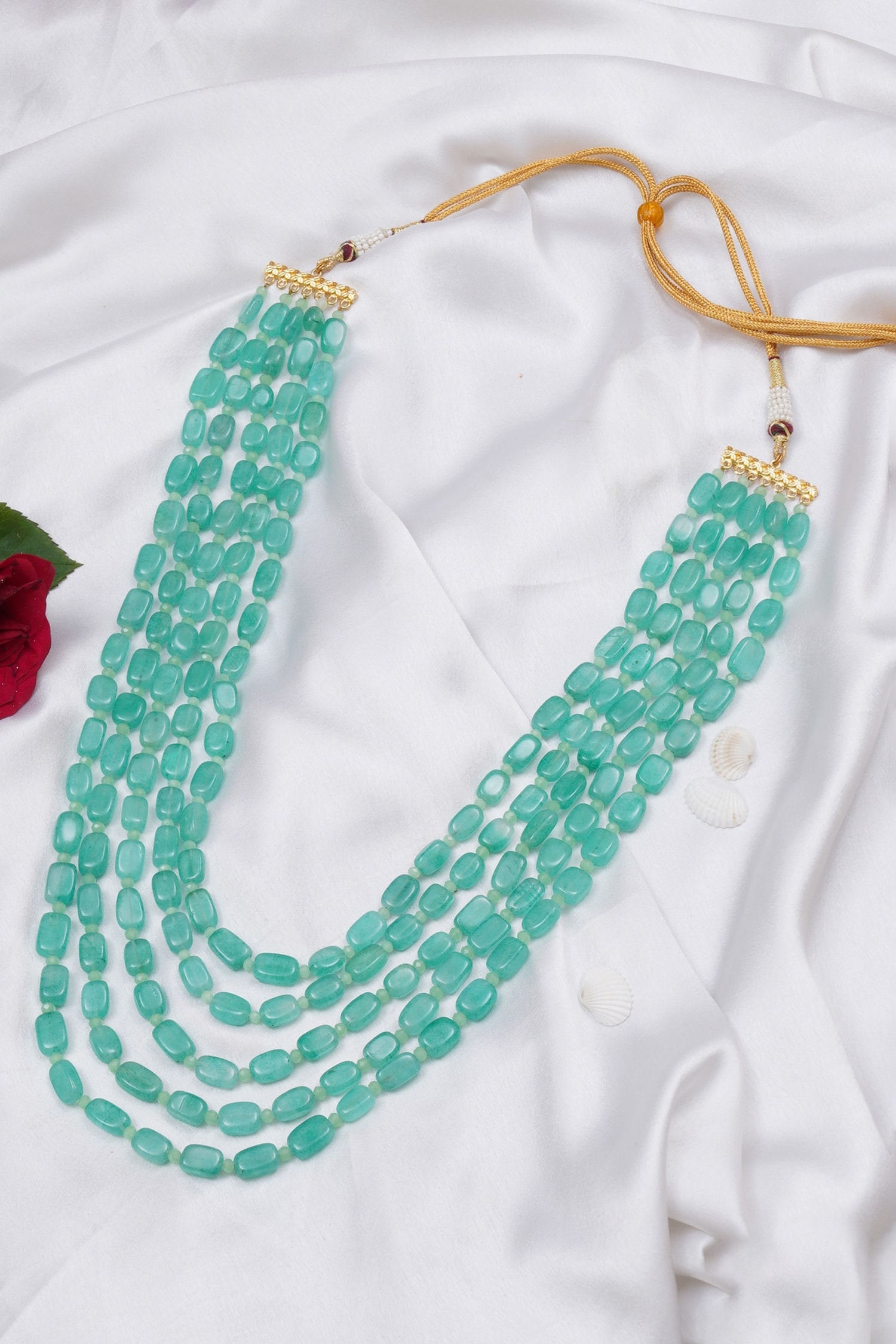 Dark green beaded gemstone golden necklace set at ₹3450 | Azilaa