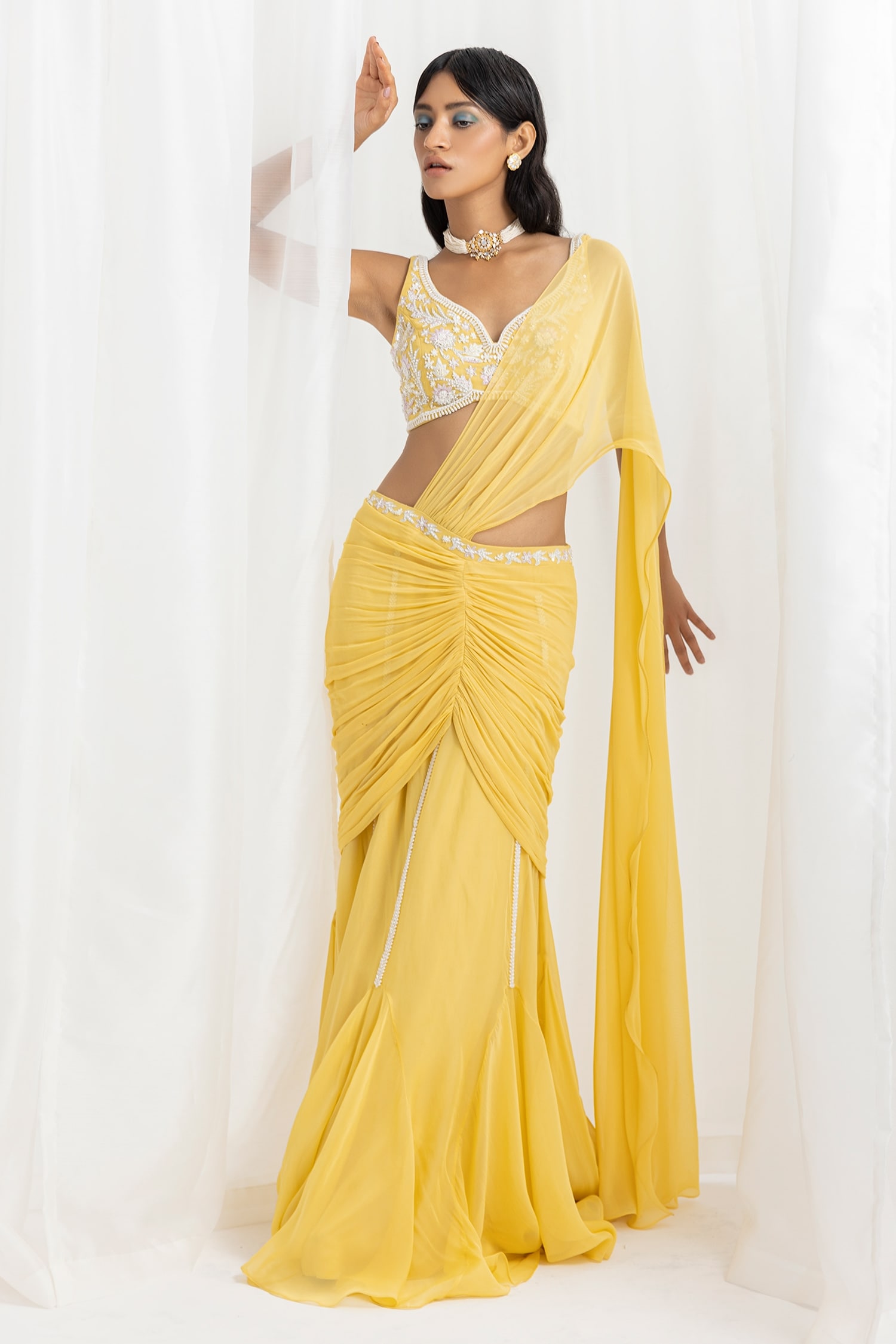 Seema Thukral Yellow Choli- Georgette Pre-stitched Ruched Saree With Embroidered Choli