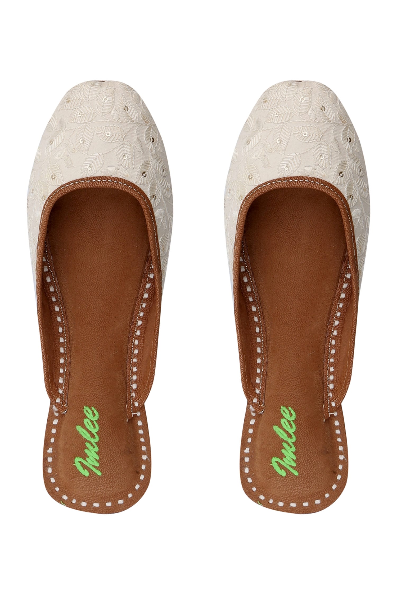 Buy Imlee Jaipur Off White Suede Leaf Embroidered Back Open Juttis ...