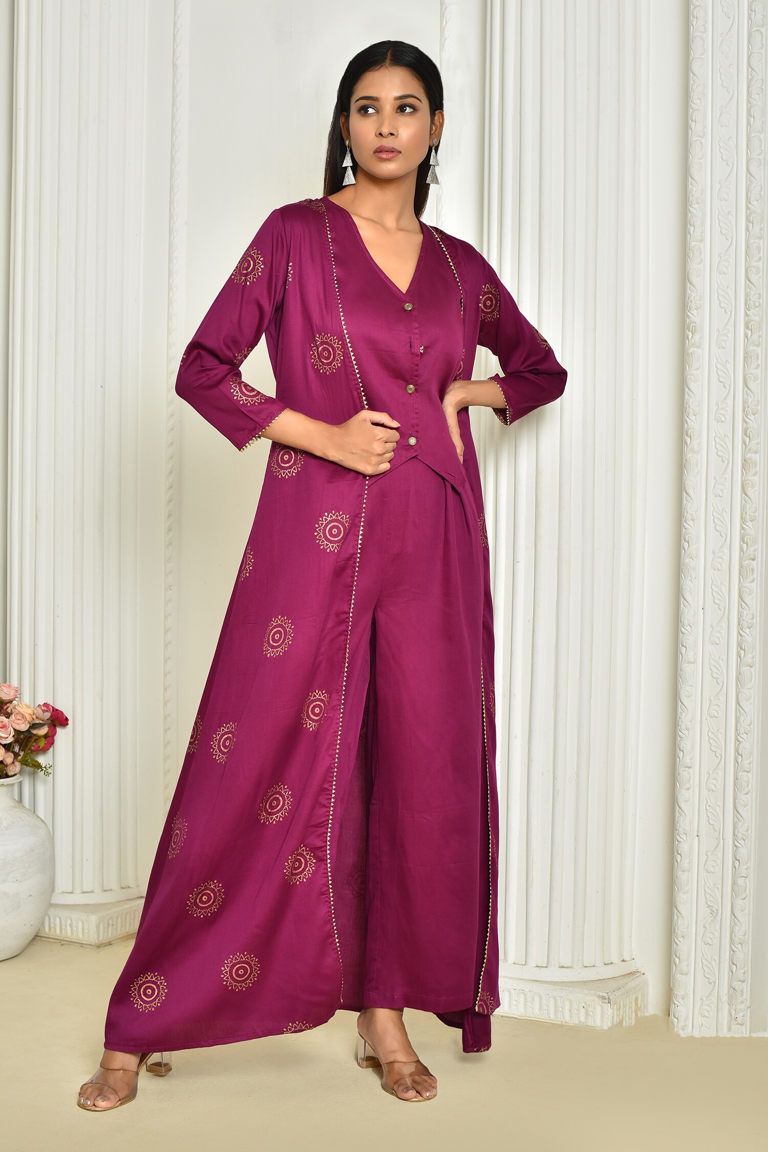 Buy Purple Jam Silk Hand Block Printed Floral Motifs Shrug And Palazzo