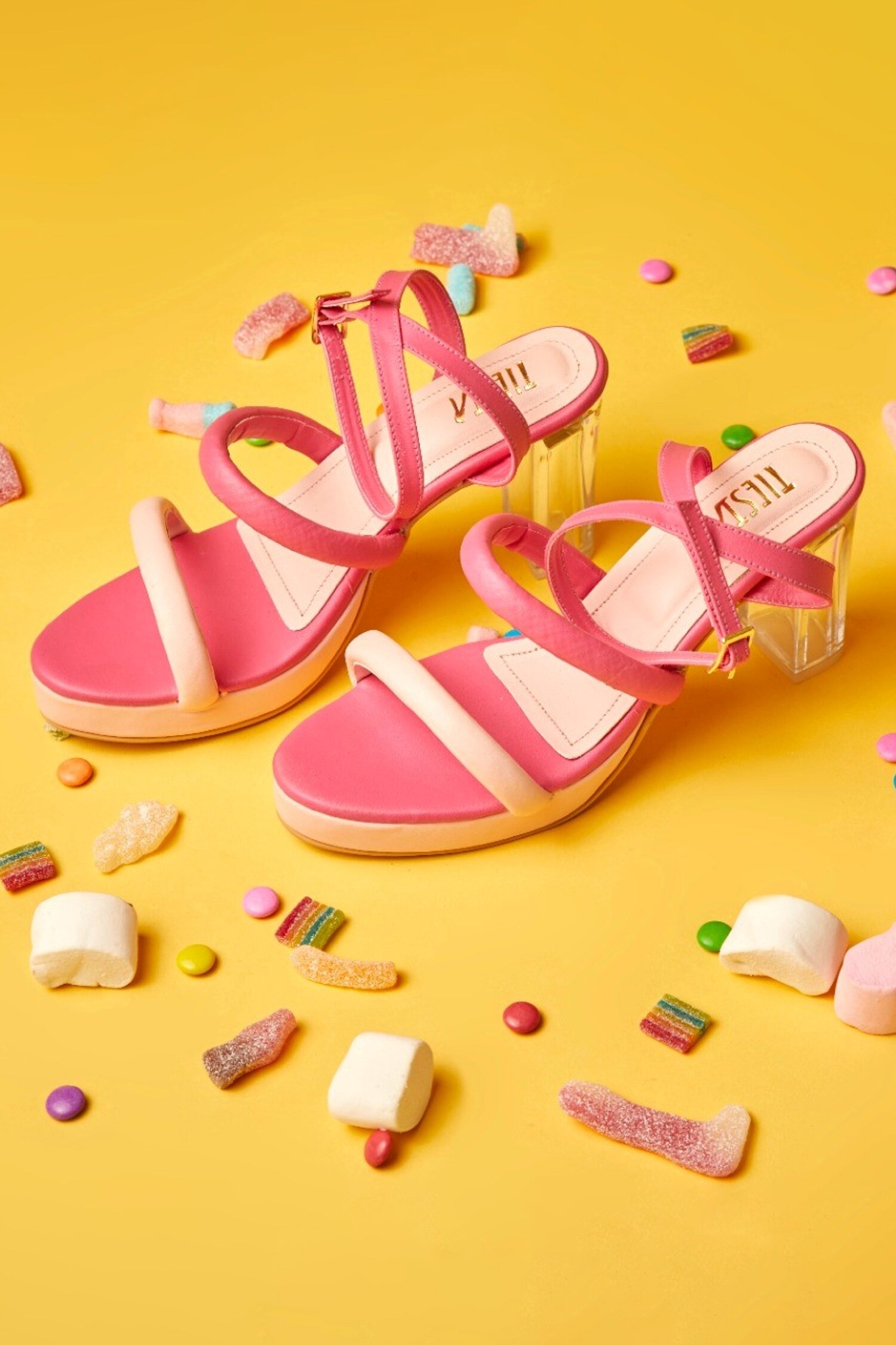 Tiesta Pink Faux Leather Candycane Glass Block Heels