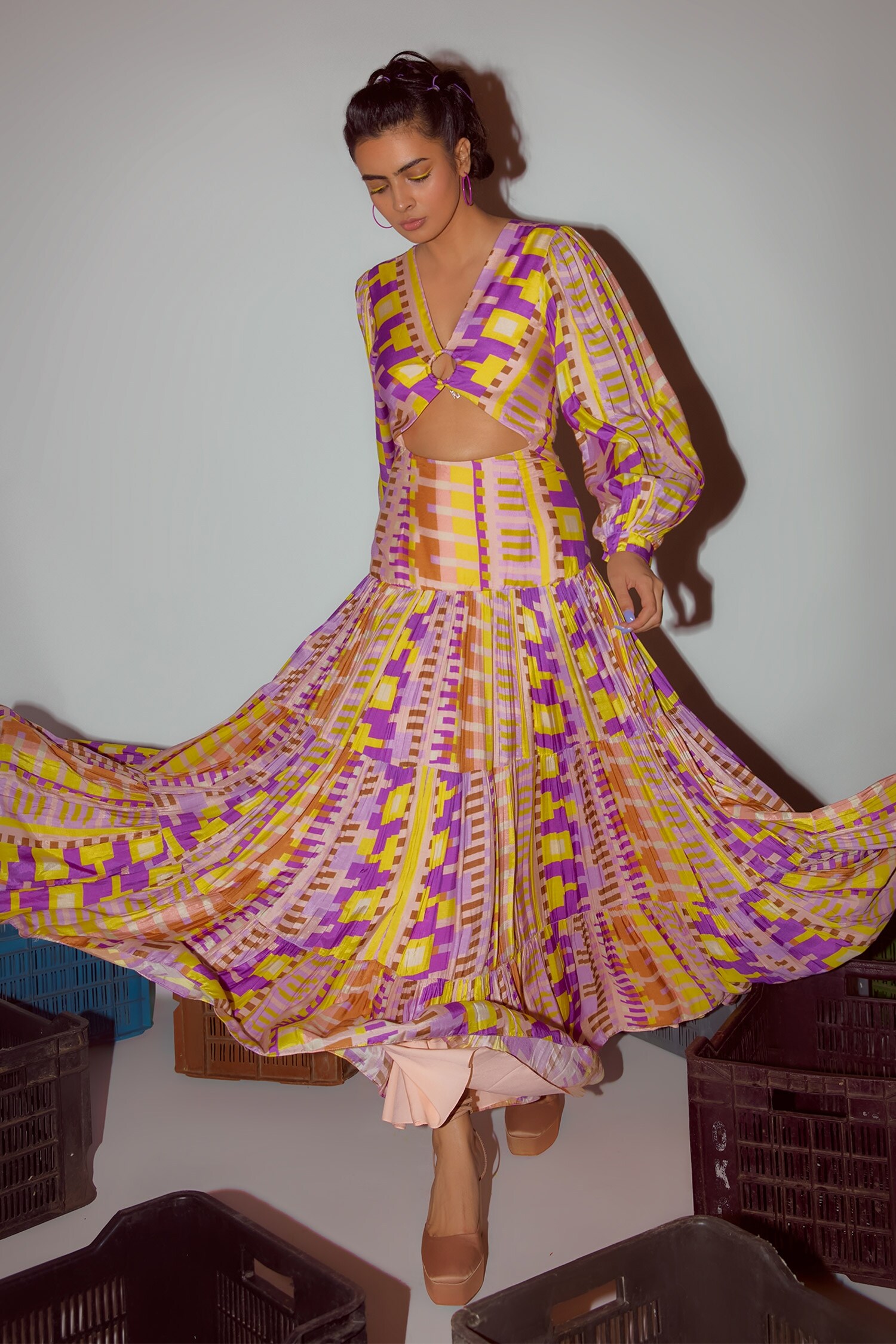 Buy Yellow Mull Printed Geometric V Neck Tiered Dress For Women by ...