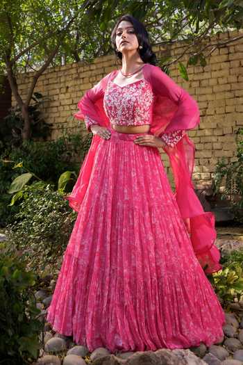 Pink Georgette Crepe & Net Pleated Lehenga Set