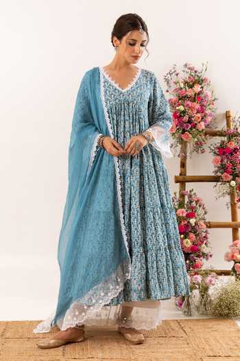 Blue Slit Anarkali Palazzo Set with Sequin Work