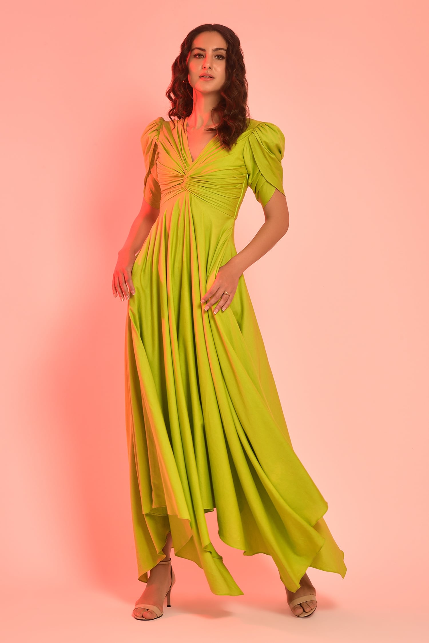 Labelamoda Green Cotton Satin Plain V Neck Petal Sleeved Draped Gown For Women