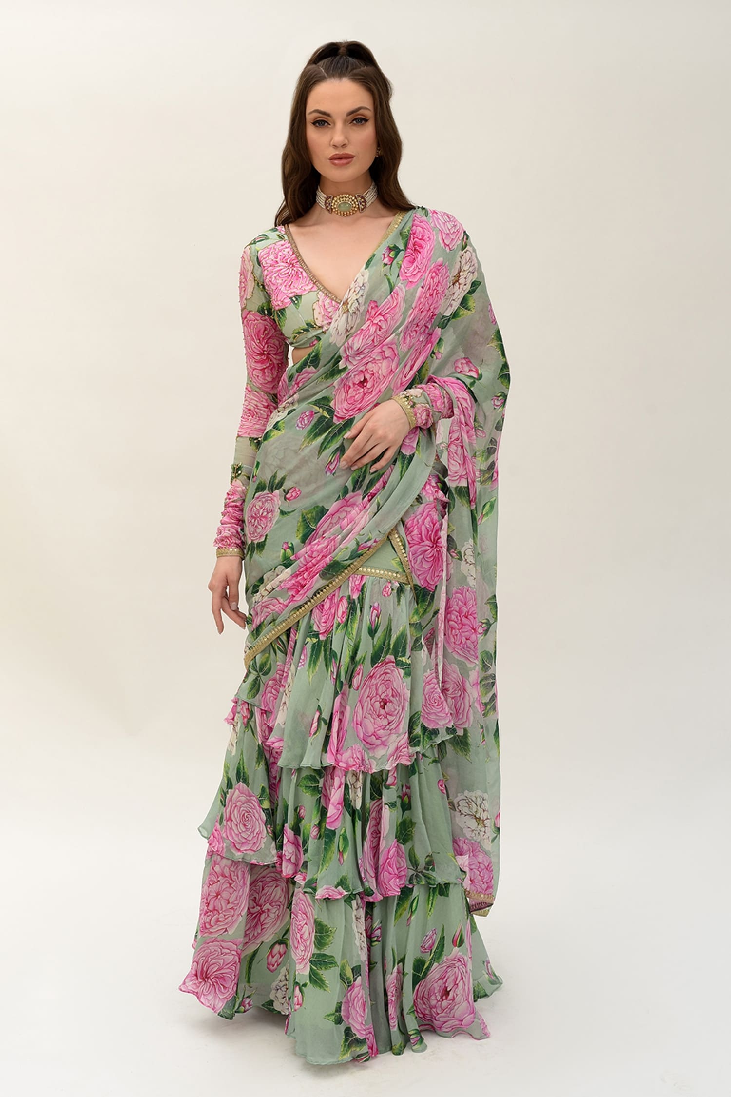 SANAM Green Silk Chiffon Floral Bloom Pre-stiched Saree With Cut-out Blouse