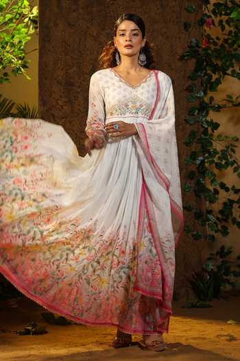 Women Black Cotton Hand Blocked Printed Anarkali With Wrap Detail - Inayat