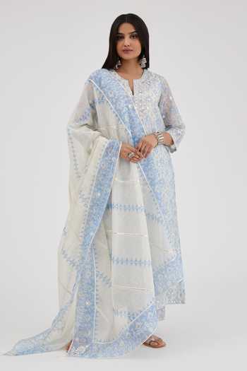 Blue Ikat Foil Printed Embellished Kurta