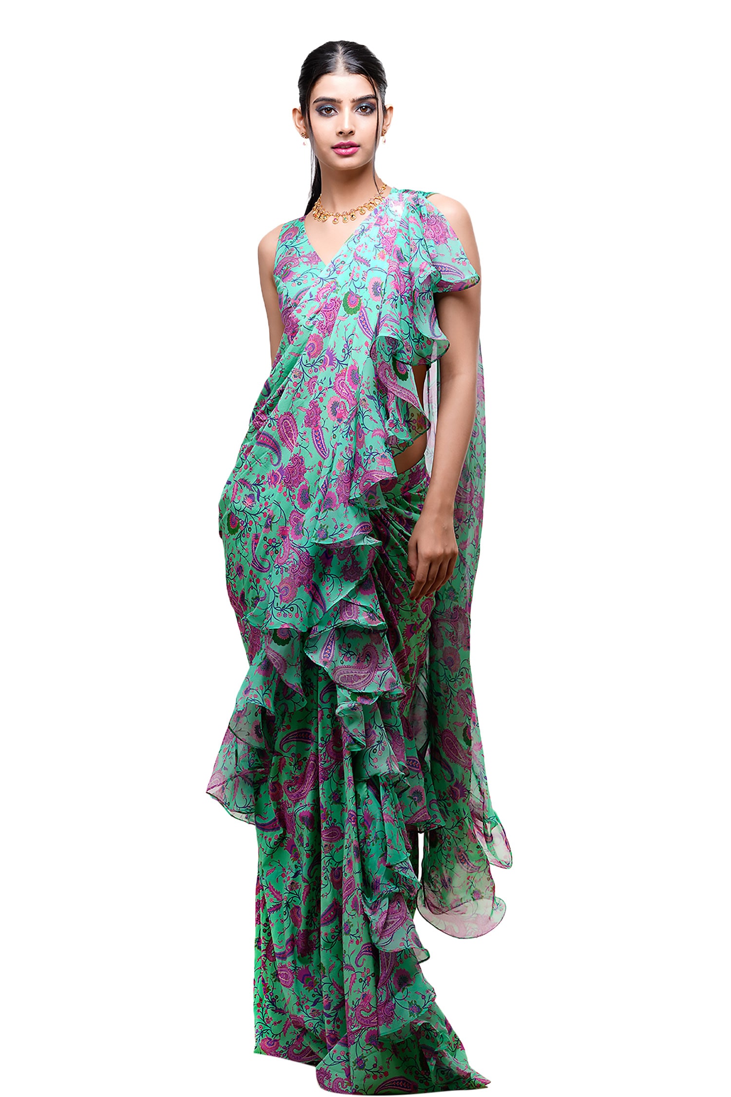 Buy Green Saree Georgette Ruffle With Velvet Sleeveless Blouse For Women by  Archana Kochhar Online at Aza Fashions.