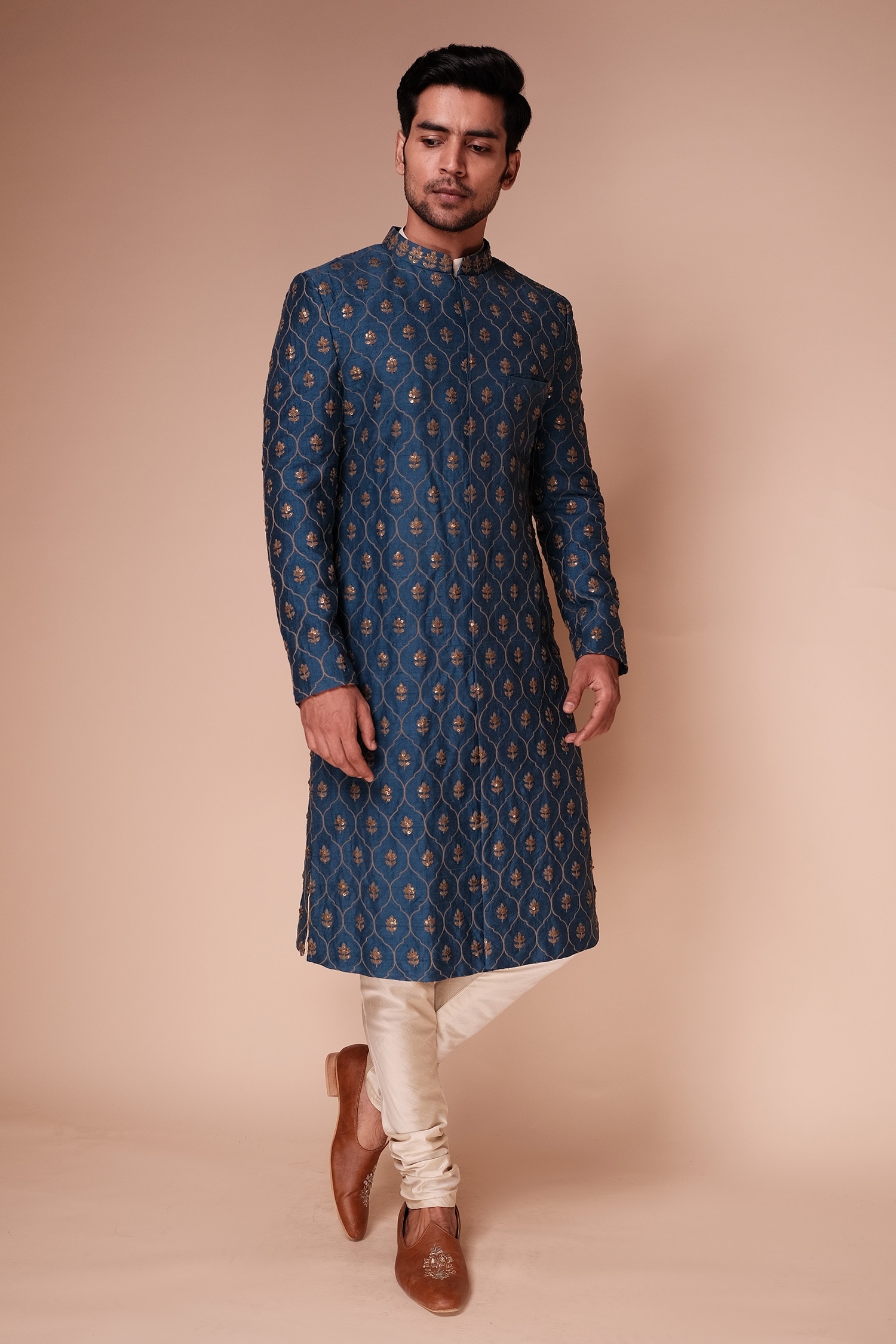 Tisa - Men Blue Sherwani: Raw Silk Embroidered Thread And Sequin Water Lily Set For Men