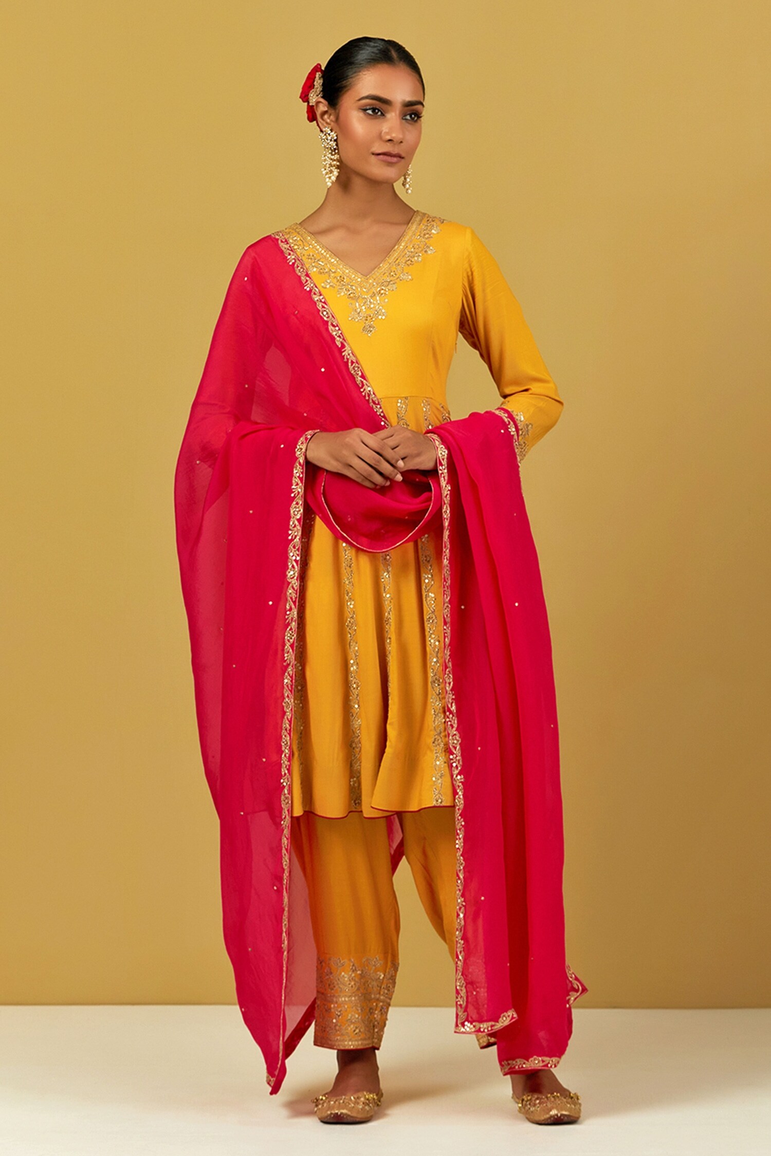 Leheriya Printed Georgette Pakistani Suit in Yellow and Orange : KJN3757
