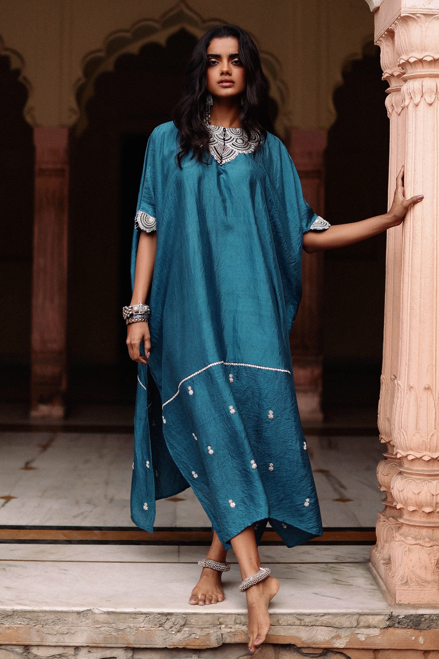 Buy Avacara Blue Silk Embroidered Bodice Kaftan Online Aza Fashions 0727