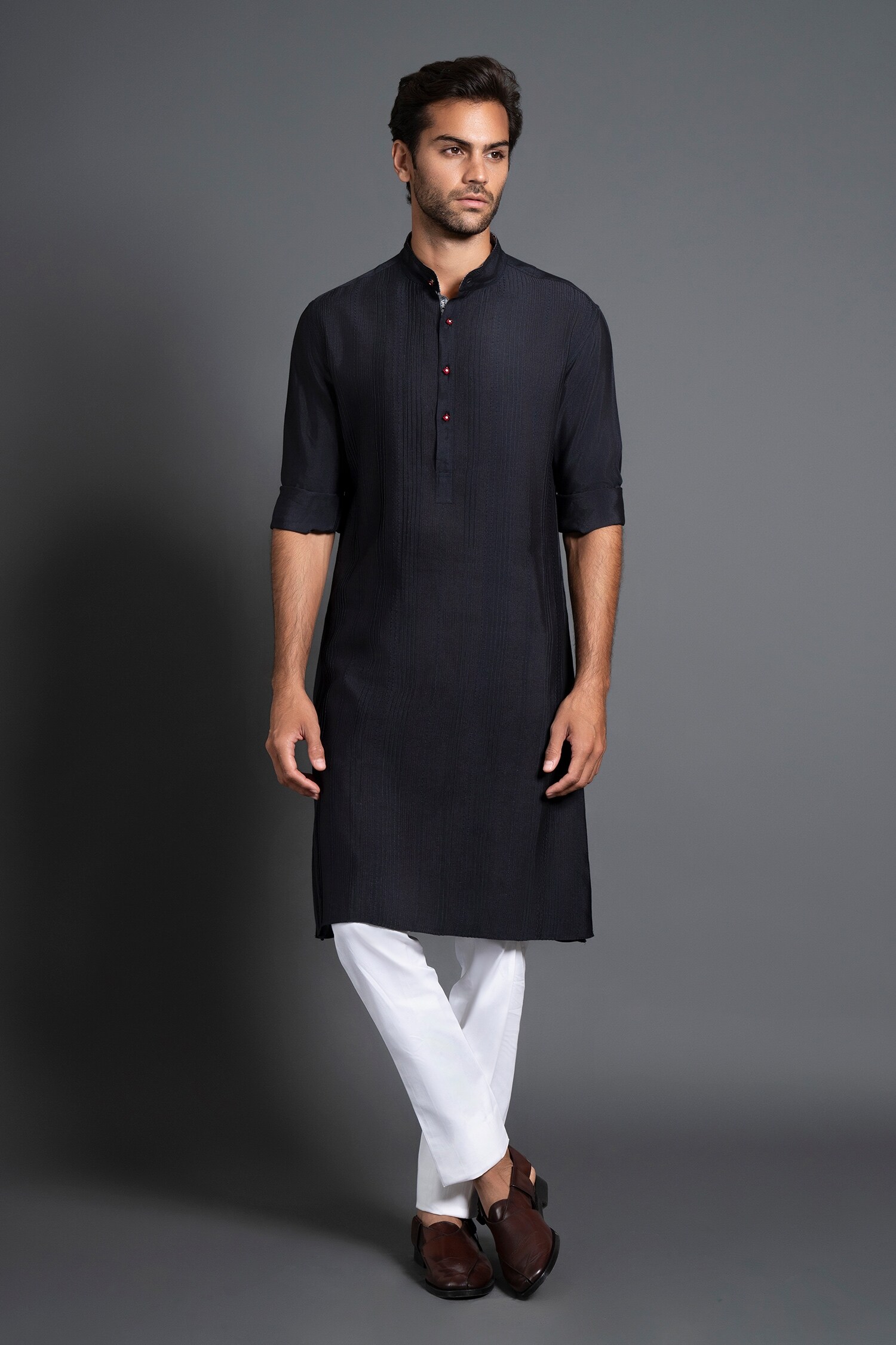 Buy Black Silk Embroidered Kantha Pintuck And Work Kurta For Men by ...