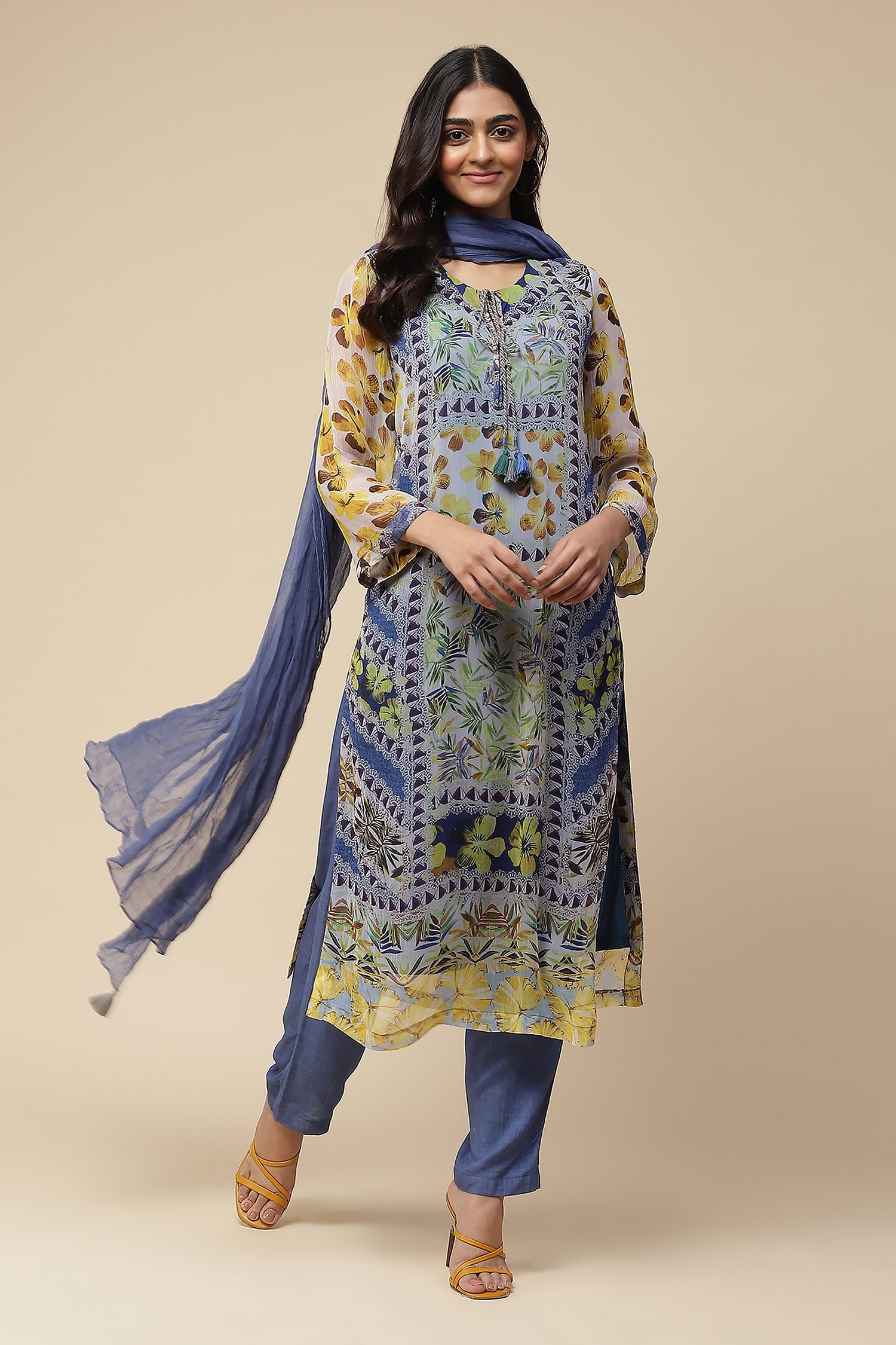 Buy Aarke Ritu Kumar Blue Polyester Floral Print Straight Kurta Pant ...