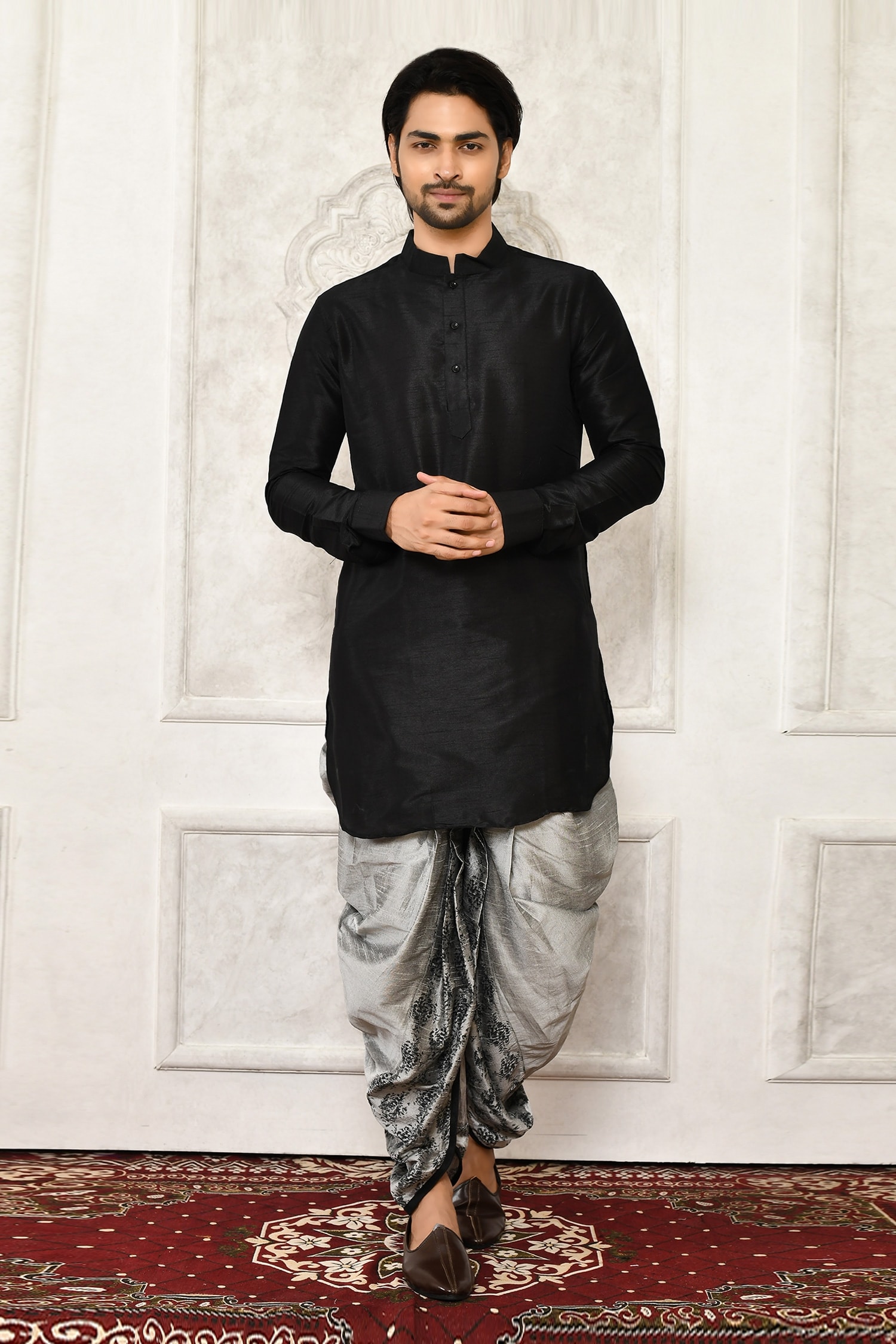 Nazaakat by Samara Singh Black Dupion Silk Solid Short Kurta For Men