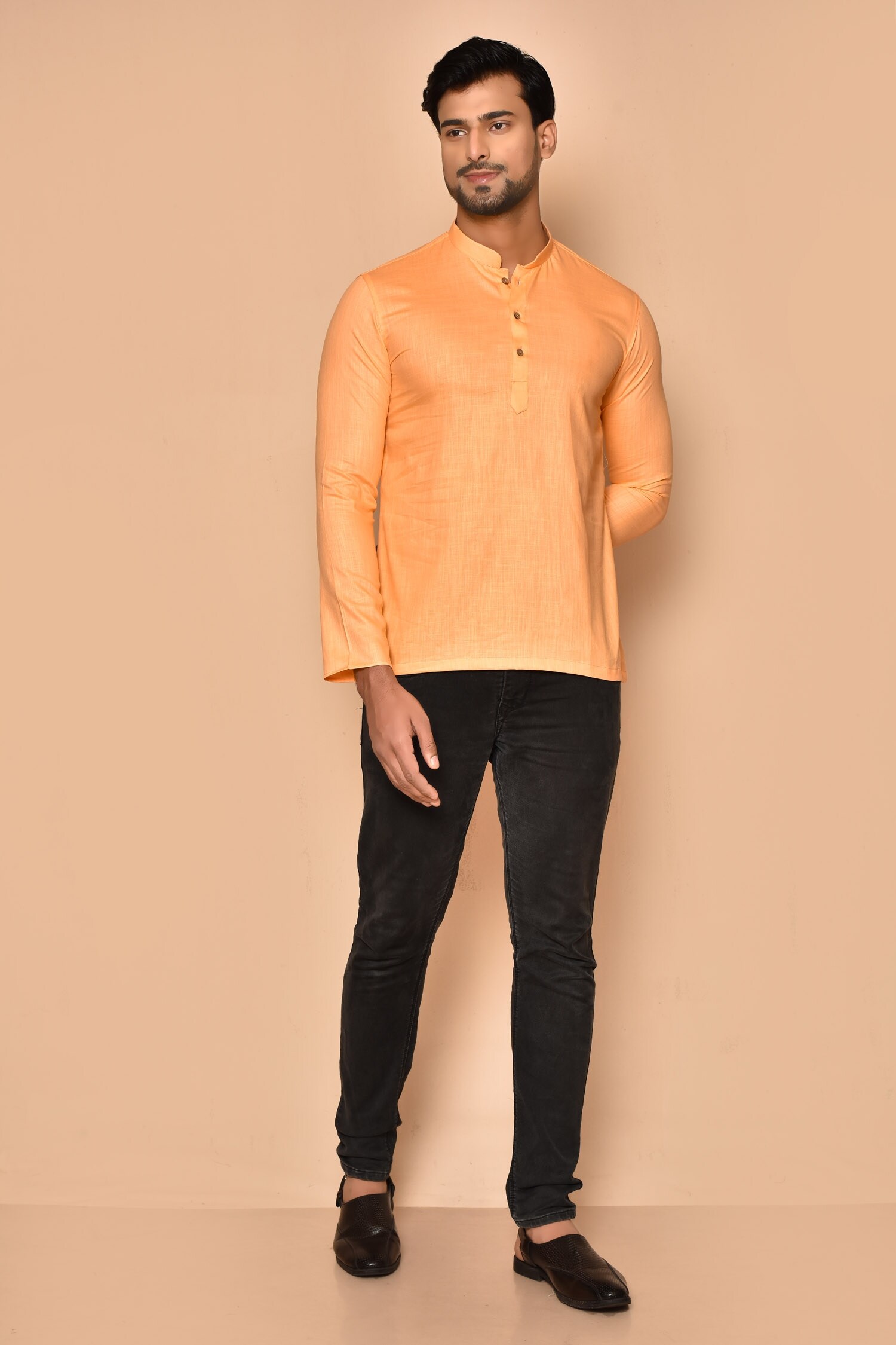 Buy Aryavir Malhotra Orange Cotton Band Collar Straight Short Kurta