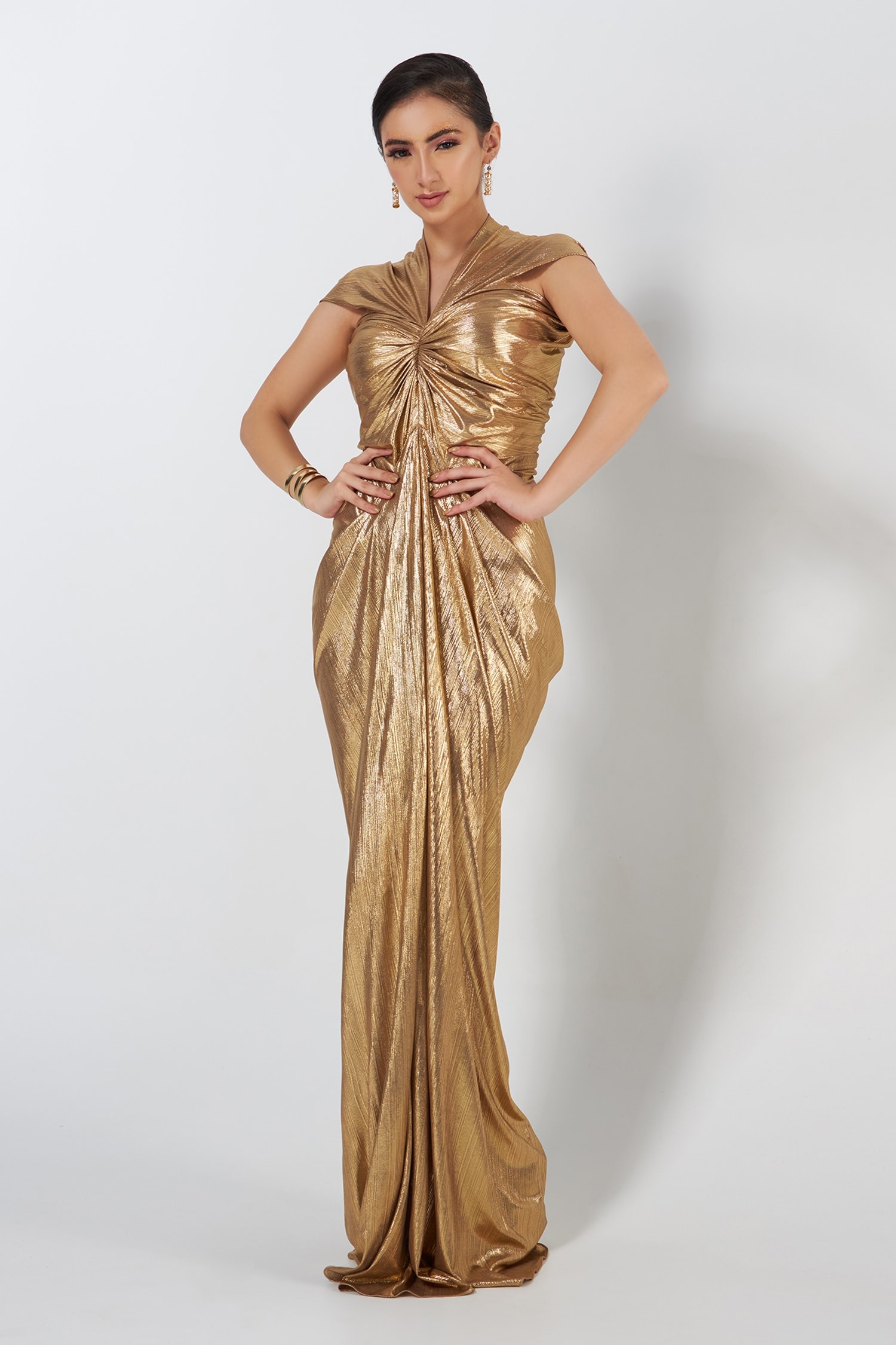 Cham Cham Gold Stretch Knit Foil Plain V Neck Pleated Draped Sleeve Gown For Women