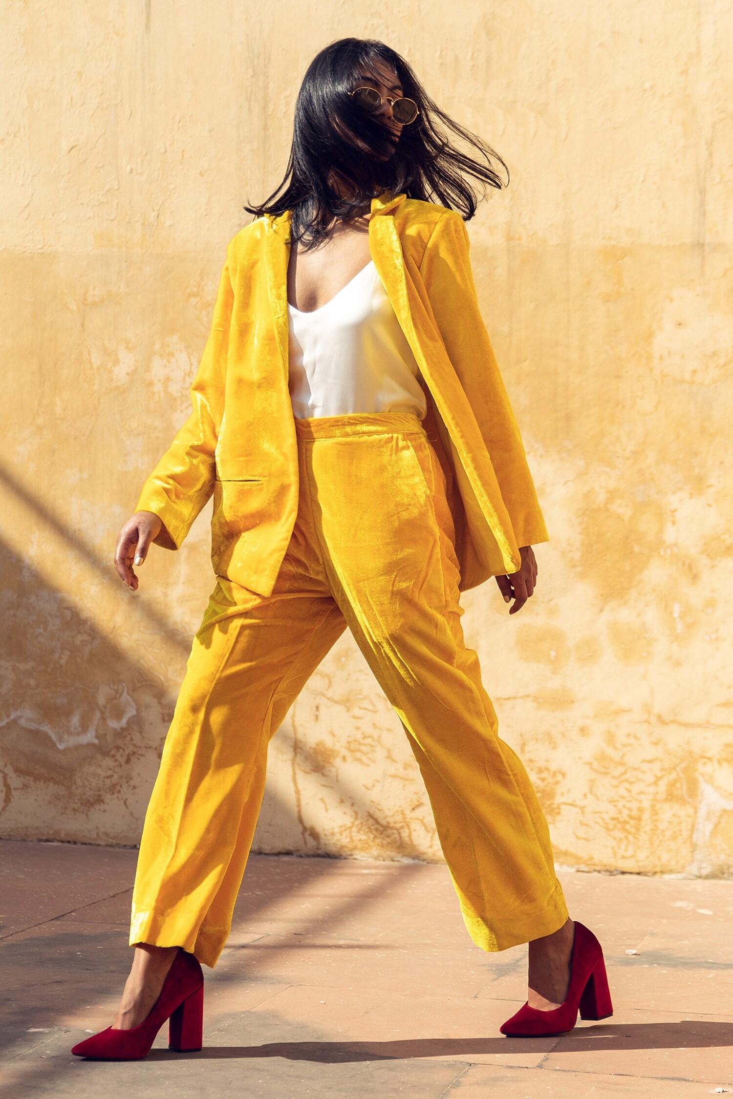 Buy Yellow Velvet Solid Notched Lapel Karla Collar Coat And Pant Set