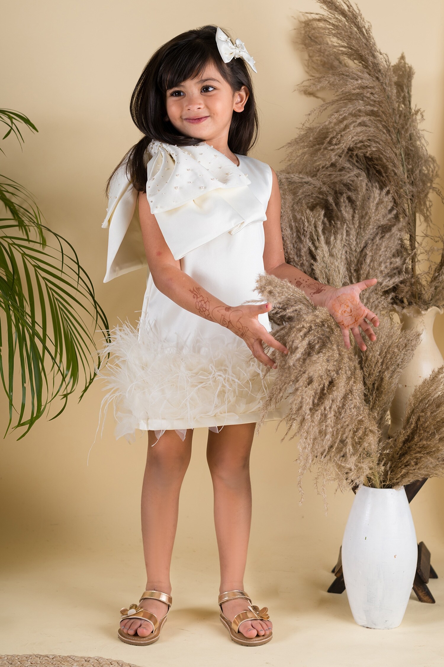 Buy Ba Ba Baby clothing co Ivory Feathered Hem Short Dress For Girls