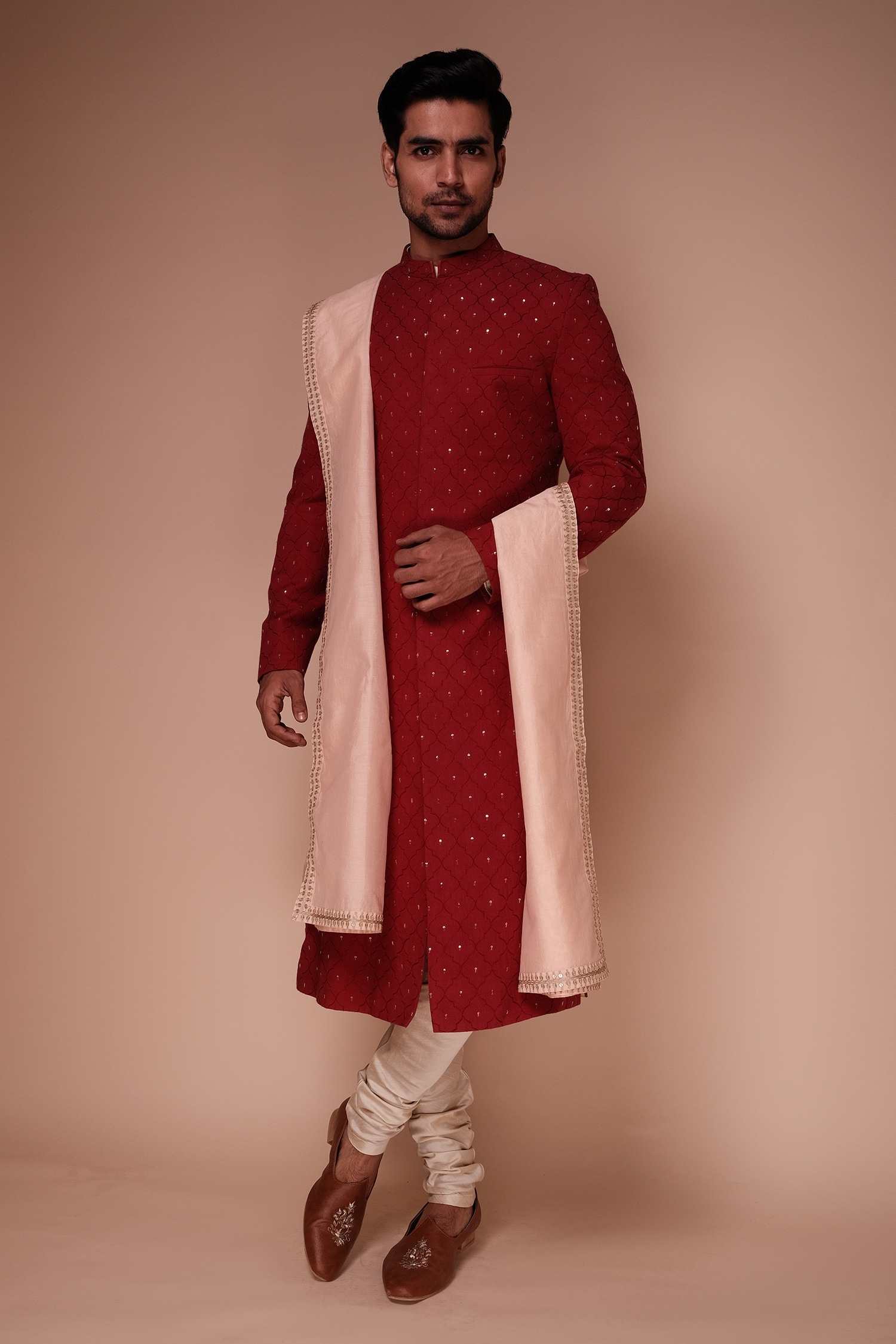Tisa - Men Red Sherwani: Organic Cotton Embroidered Thread And Sequin Aspen Set For Men