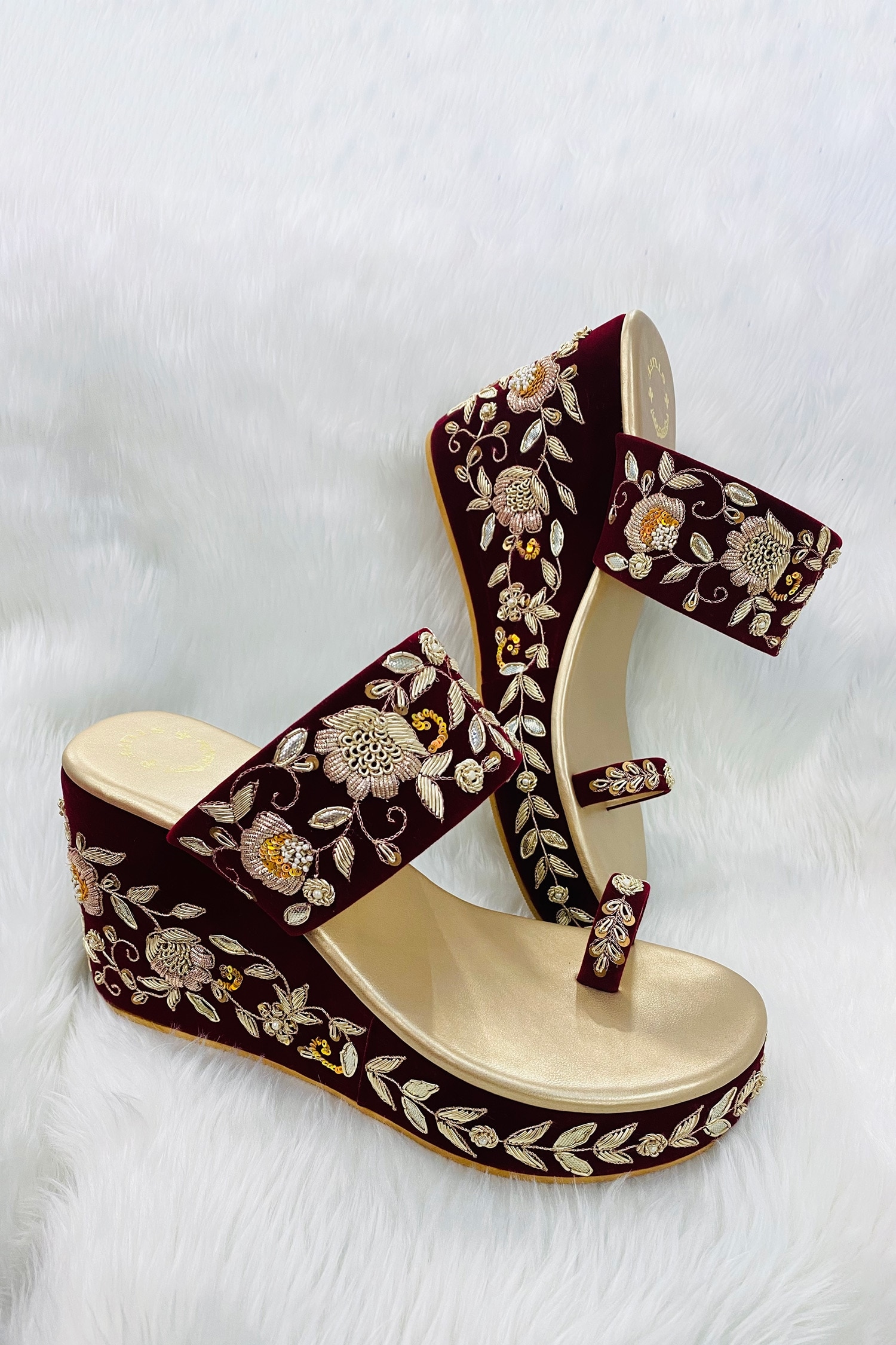 Buy Maroon Embroidered Aahuti Velvet Toe Ring Wedges by Rajasthani ...