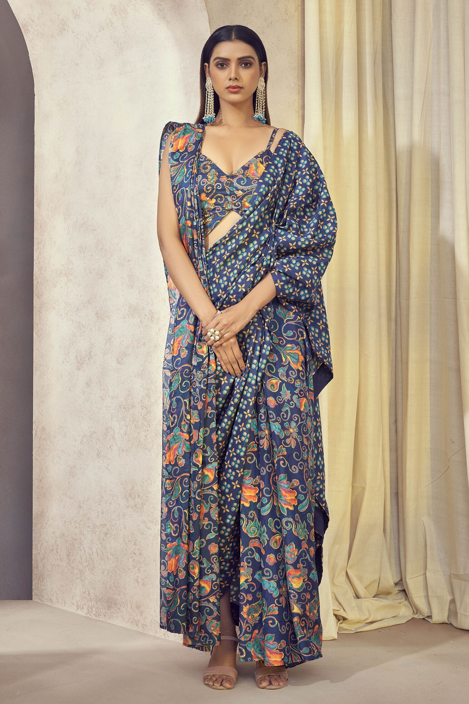 AFFROZ Blue Russian Silk Print Floral V Maaya Pre-draped Saree With Blouse For Women