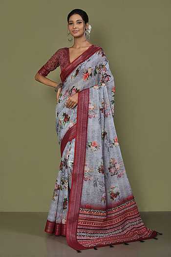 Grey Floral Printed Linen Designer Saree for Festive & Ethnic Wear With Unstiched Blouse Piece