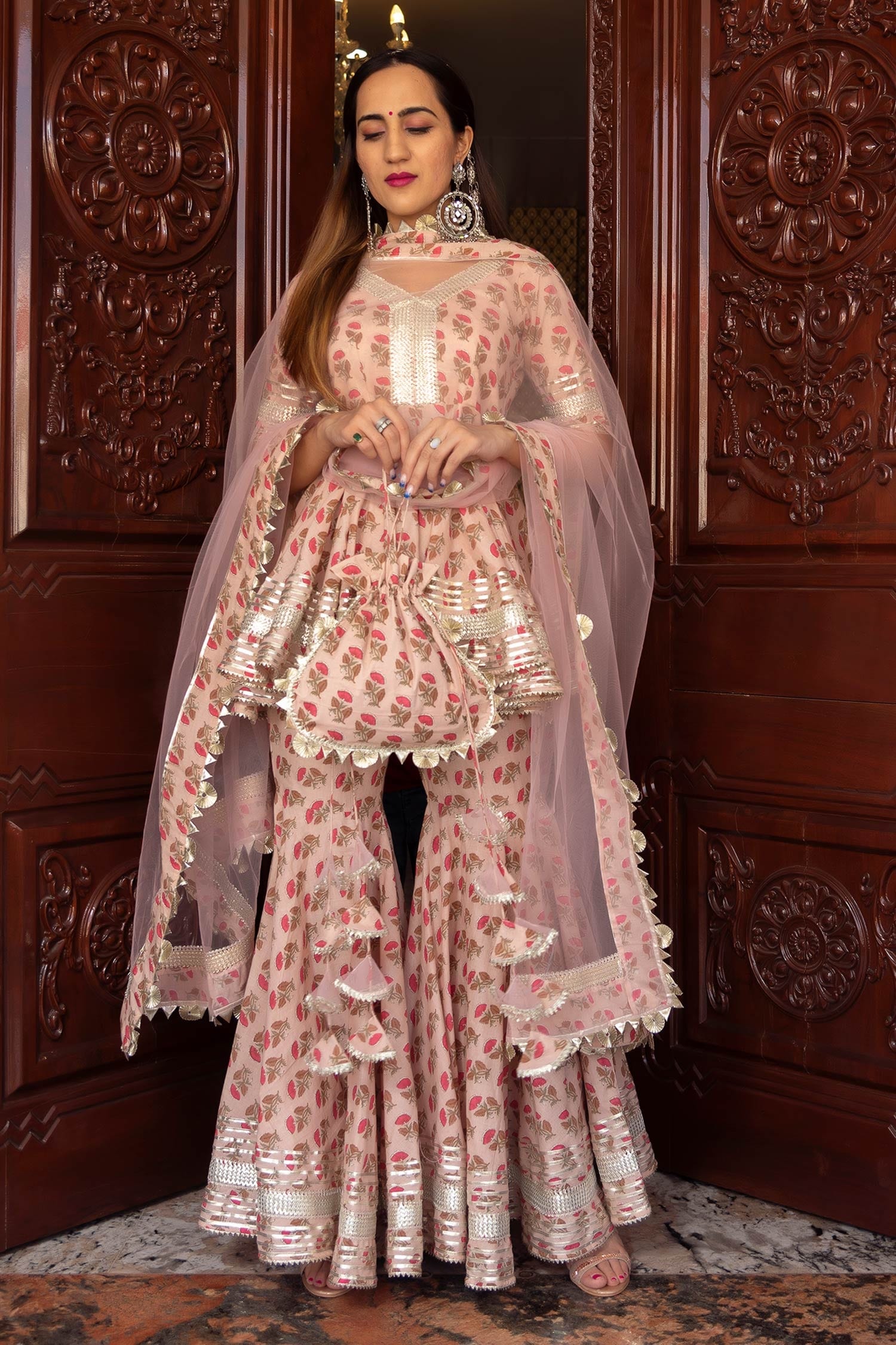 POMCHA JAIPUR Peach Kurta And Sharara: Cotton Printed Floral V Neck Set For Women