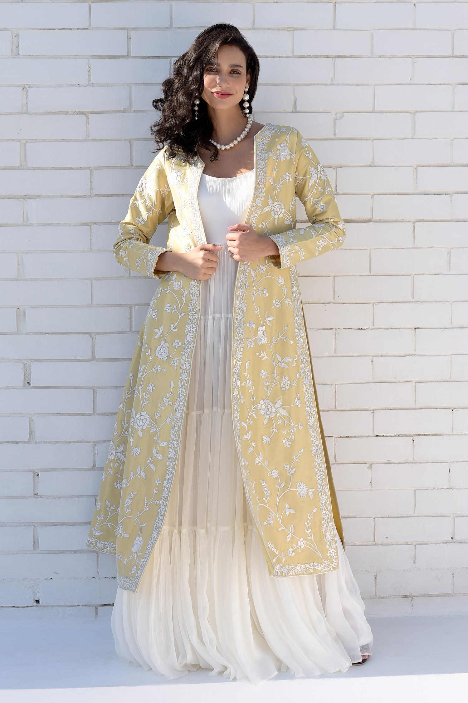 Ethnic Gowns | Heavy Golden Gown With Red Jacket | Freeup