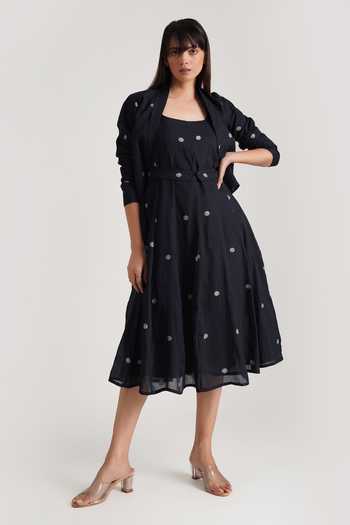 Black pleated jamdani dress main image 1