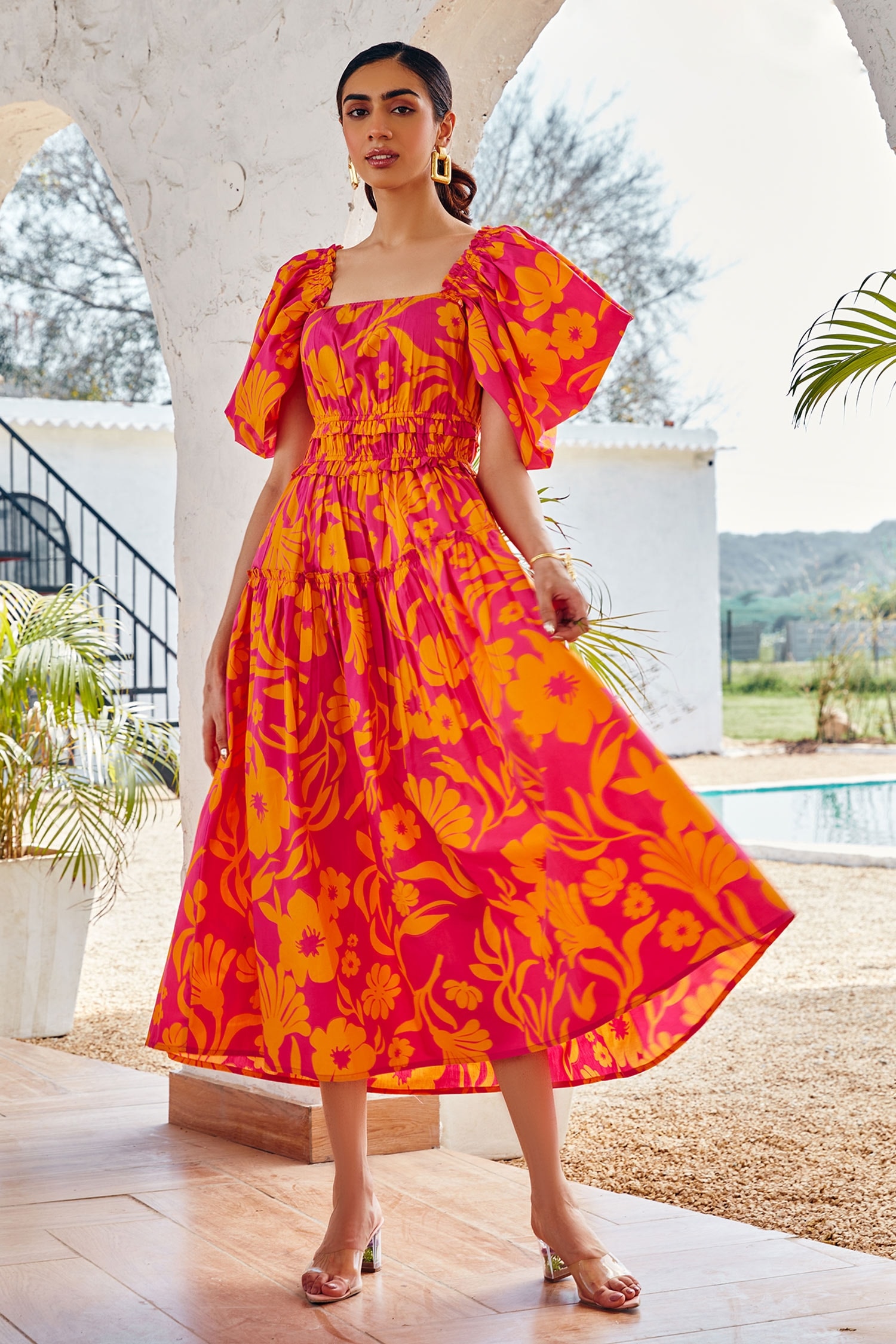 Buy Orange 100% Cotton Printed Floral Square Neck Daphnis Dress For ...