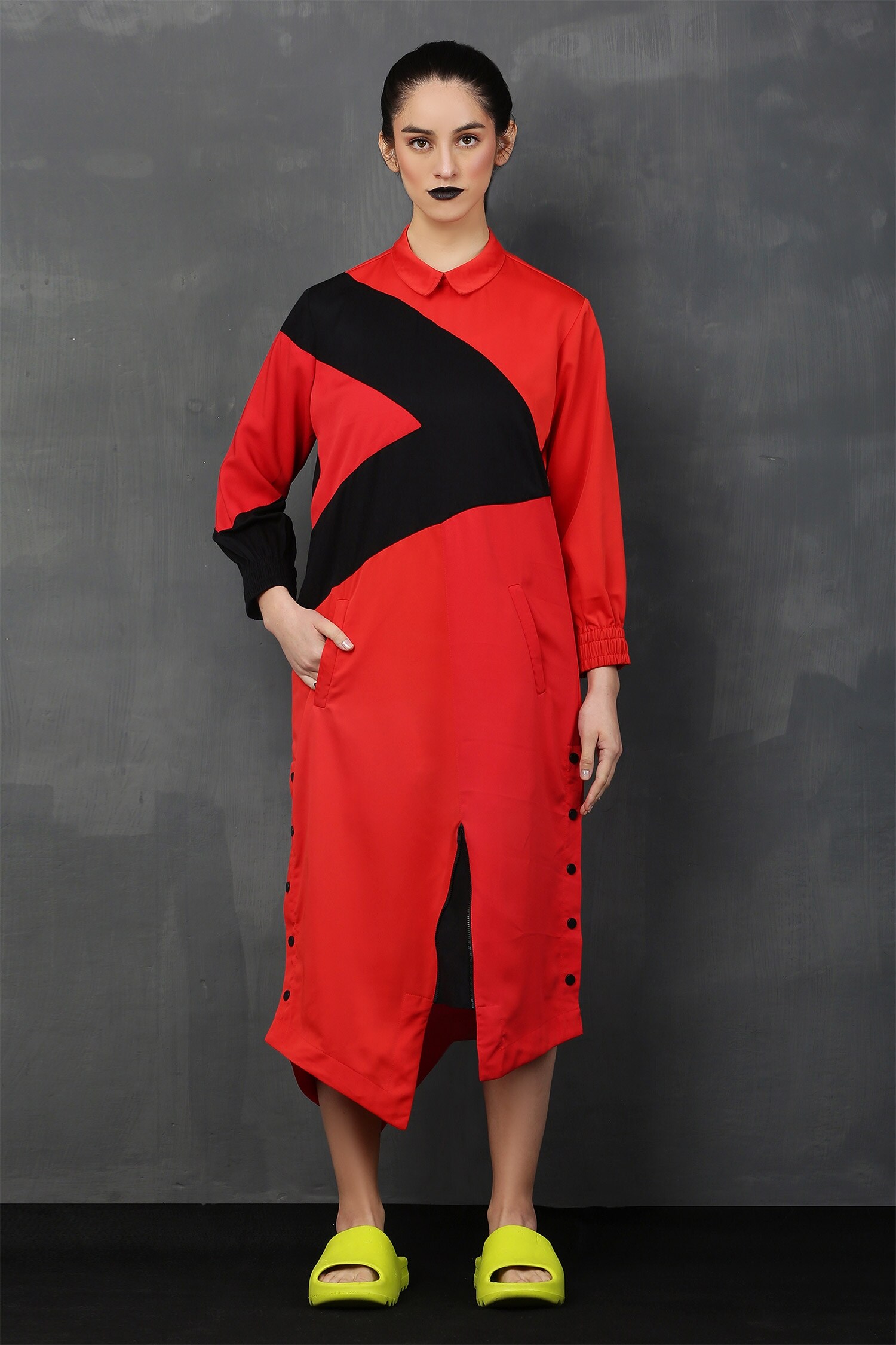 Buy Red Moss Crepe Shirt Collar Greater Than Sign Dress For Women by I