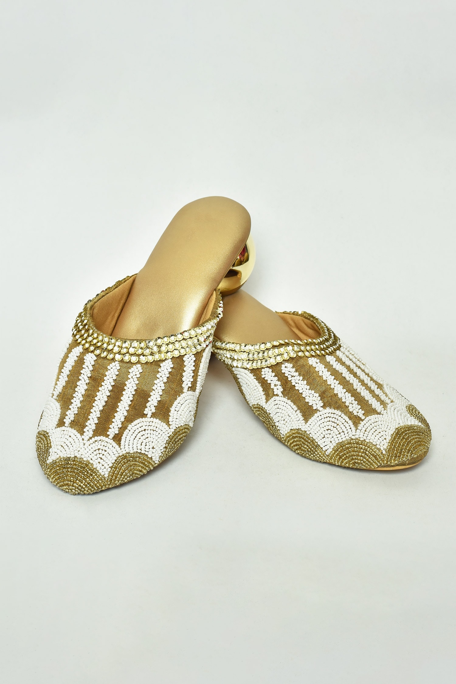 Nayaab by Aleezeh Gold Faux Leather Bead Embellished Mule Round Heels