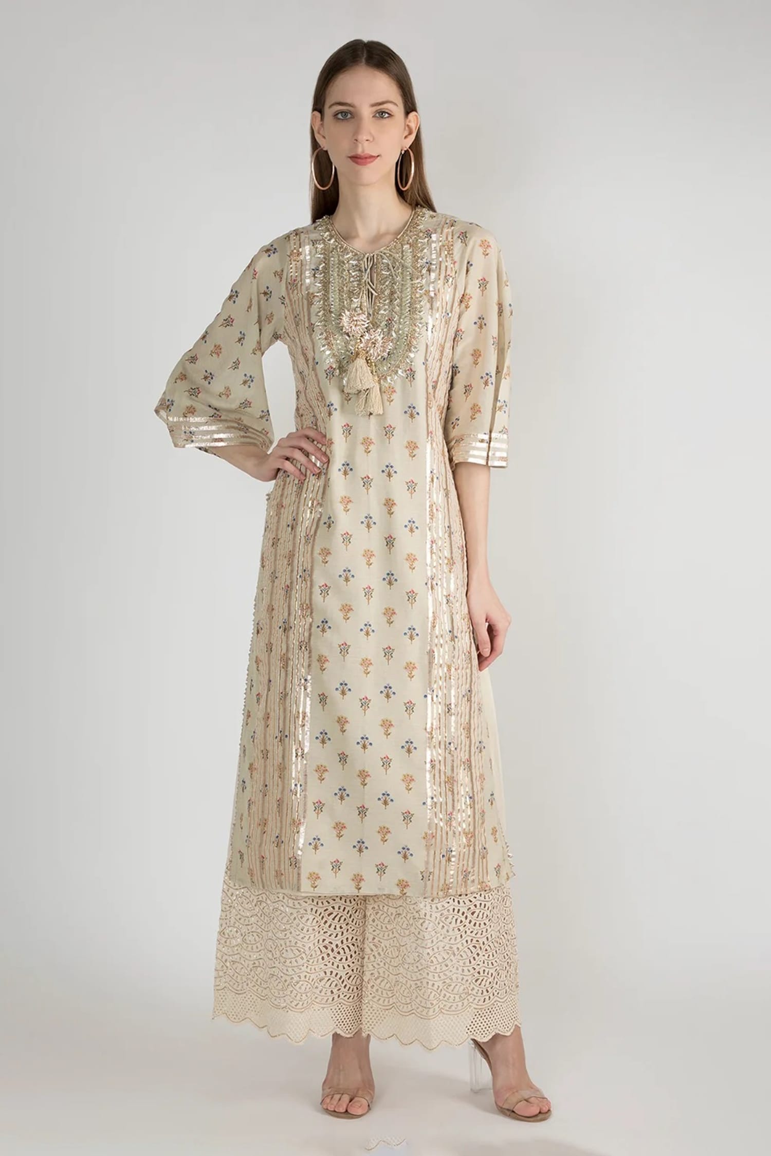 Buy Gopi Vaid Beige Cotton Silk Mogra Print Tunic Online | Aza Fashions
