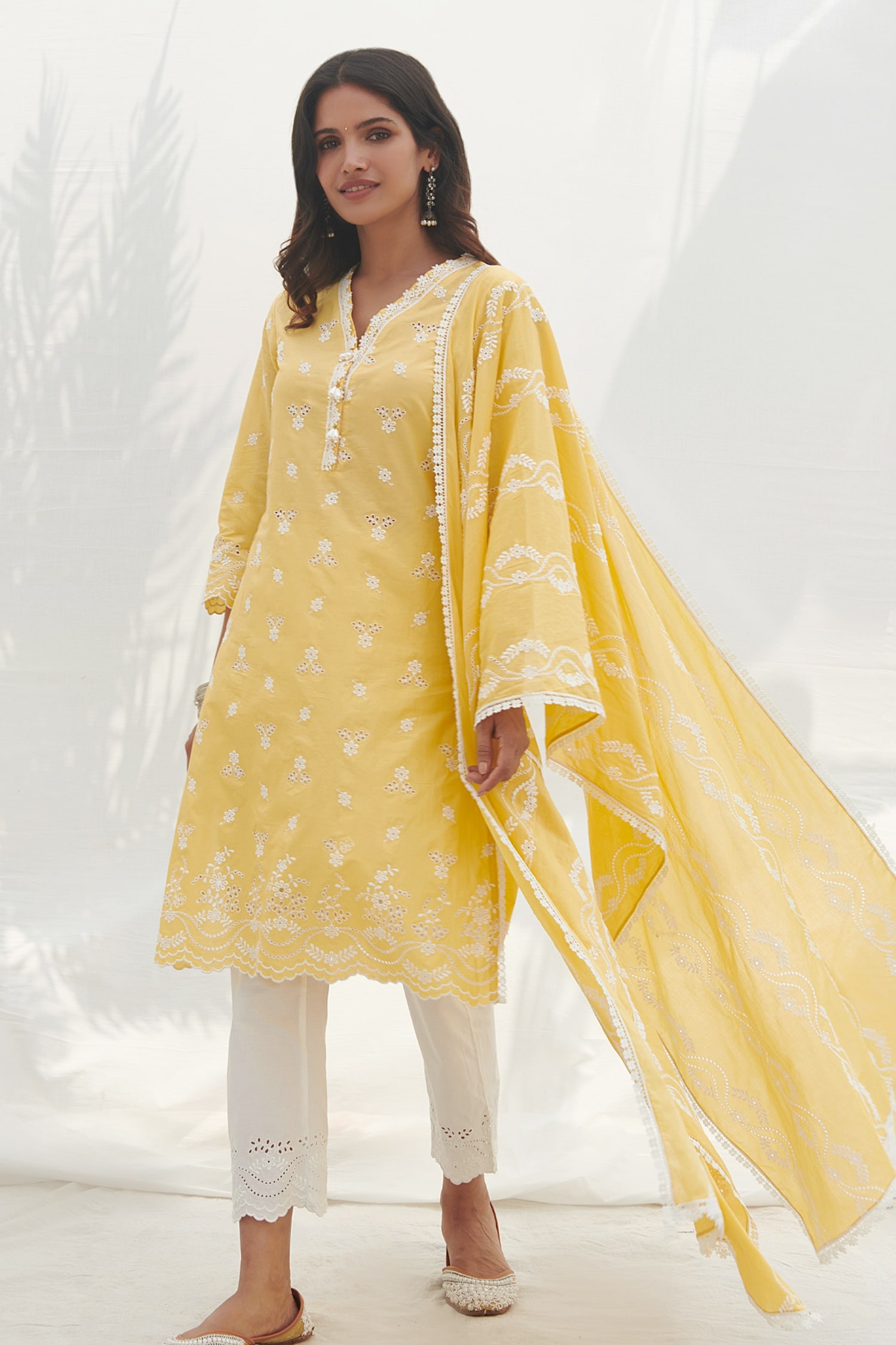 Buy Mulmul Yellow Pure Mulmul Satari Floral Embroidered Kurta Set ...