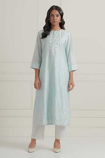 Sky Blue  Kurta thread work on silk Chudidaar