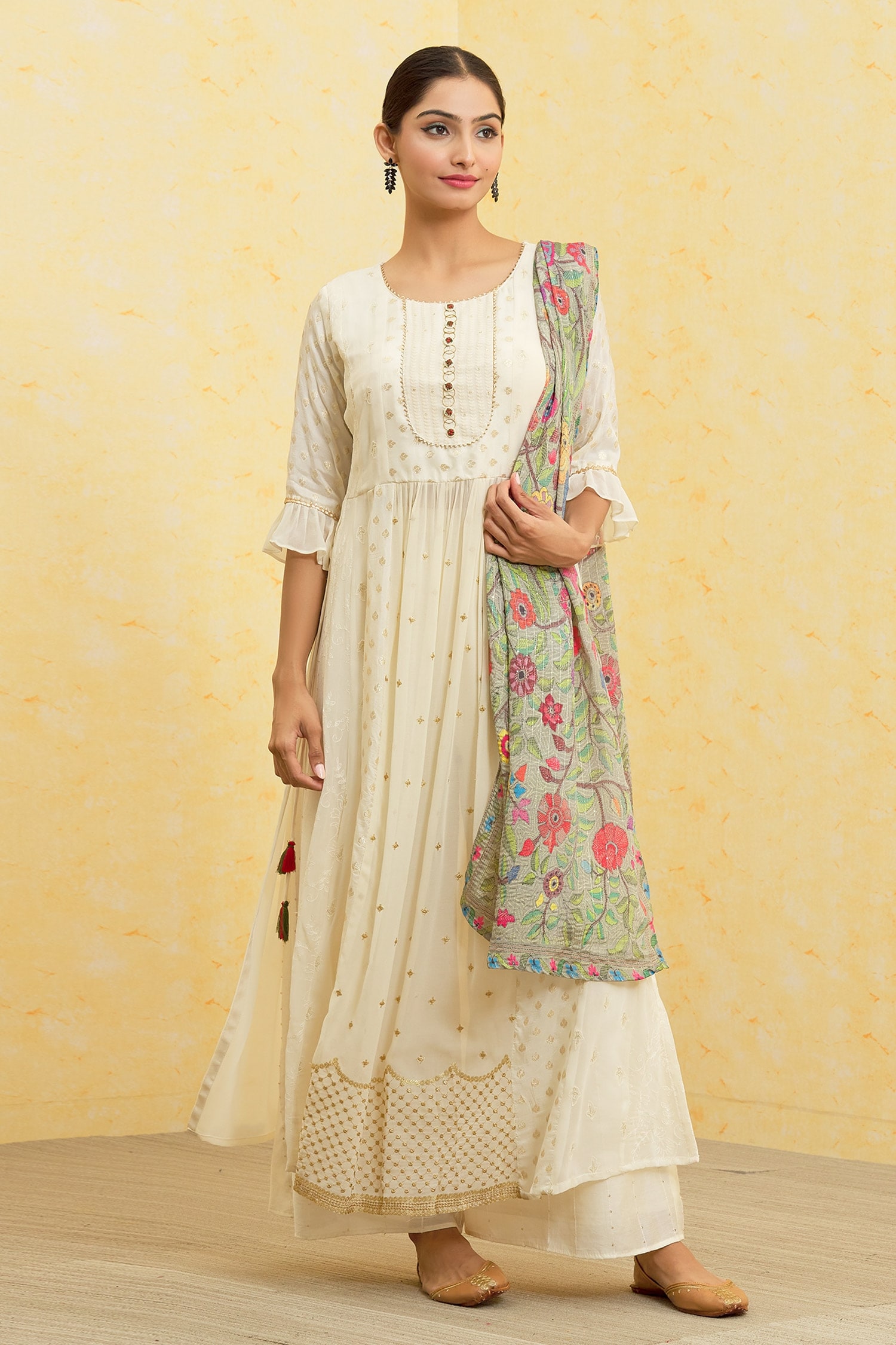 Buy Cream Metallic Embroidered Kurta Palazzo Set For Women by Khwaab by