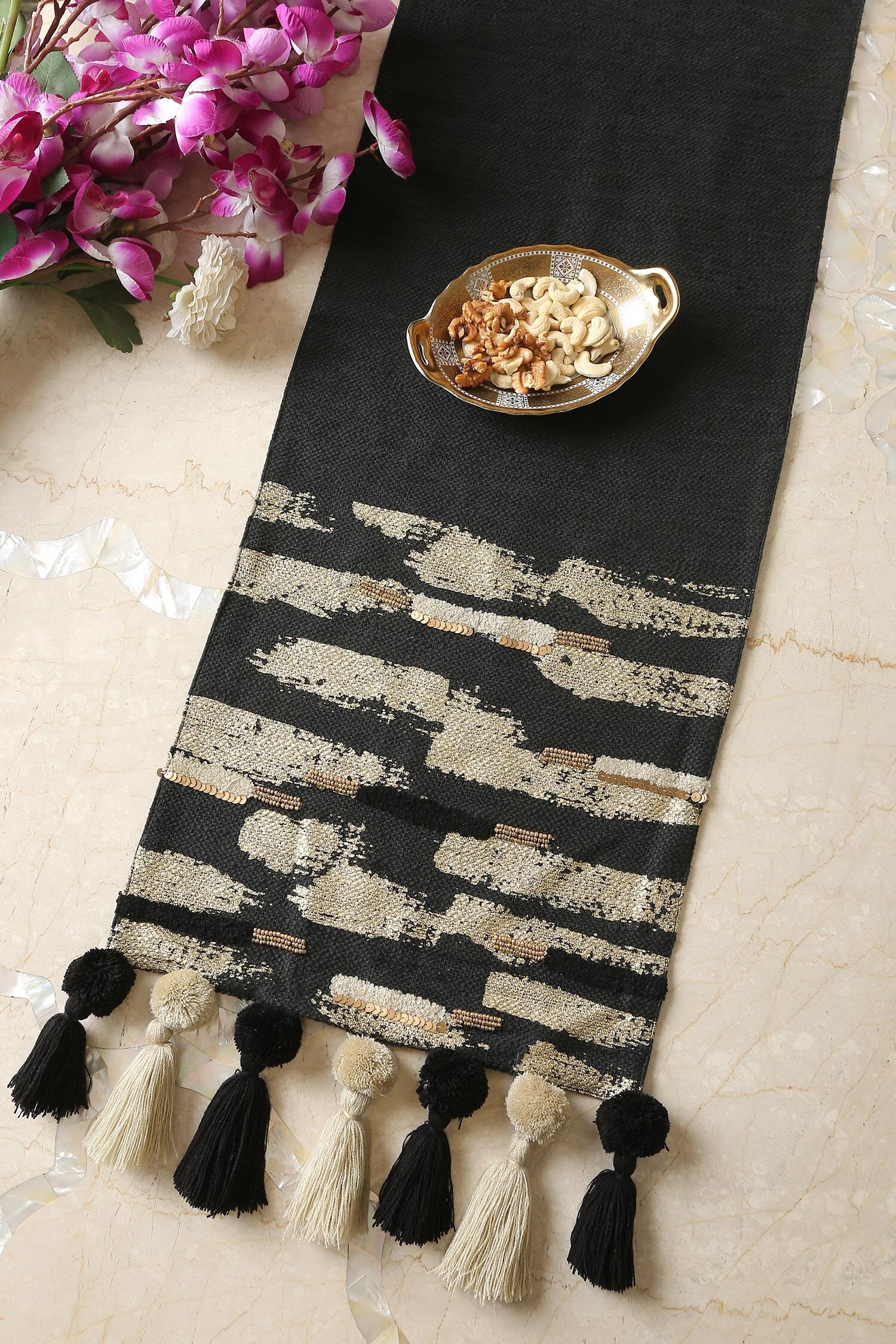 Amoliconcepts - Black Slub Front And Back Embroidered Tassel Detail Table  Runner