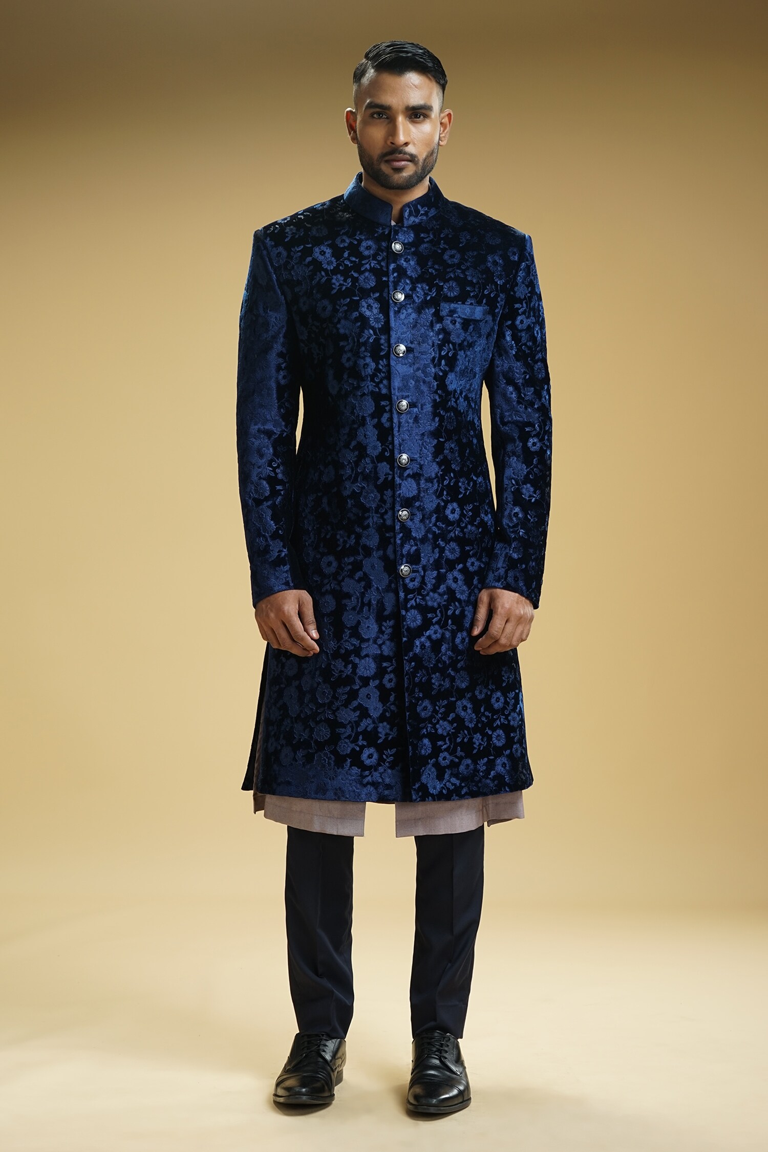 Buy Blue Cotton Silk Embroidered Floral Achkan Set For Men by Kommal ...