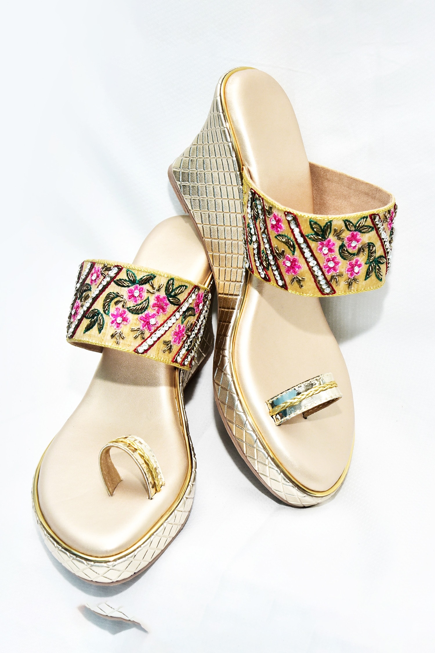 Buy Foot Fuel Gold Suede Bubbaaa Floral Embroidered Kolhapuri Wedges ...