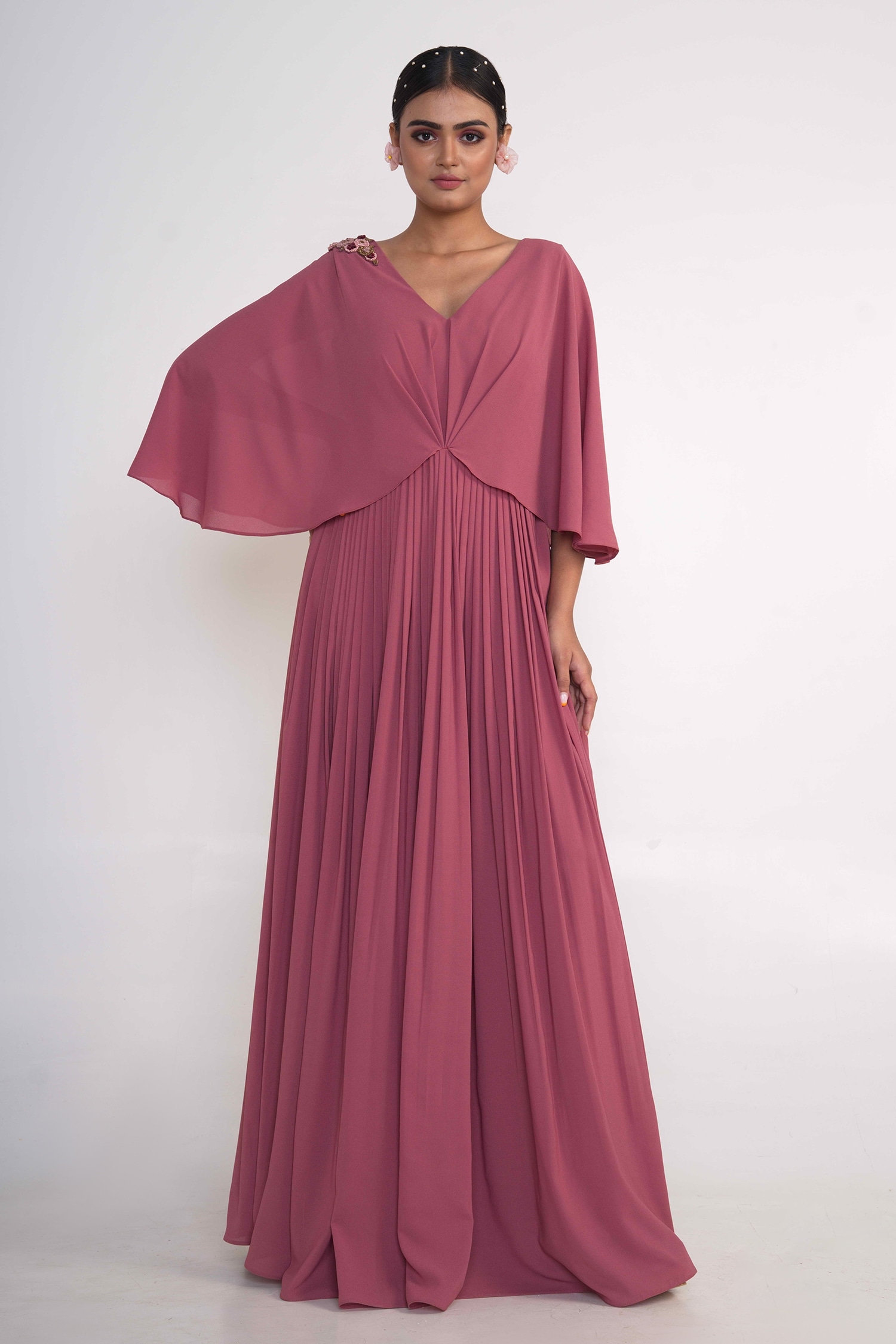 Buy Pink Georgette Embroidery V Neck Cape Sleeve Gown For Women by Merge Design Online at Aza ...