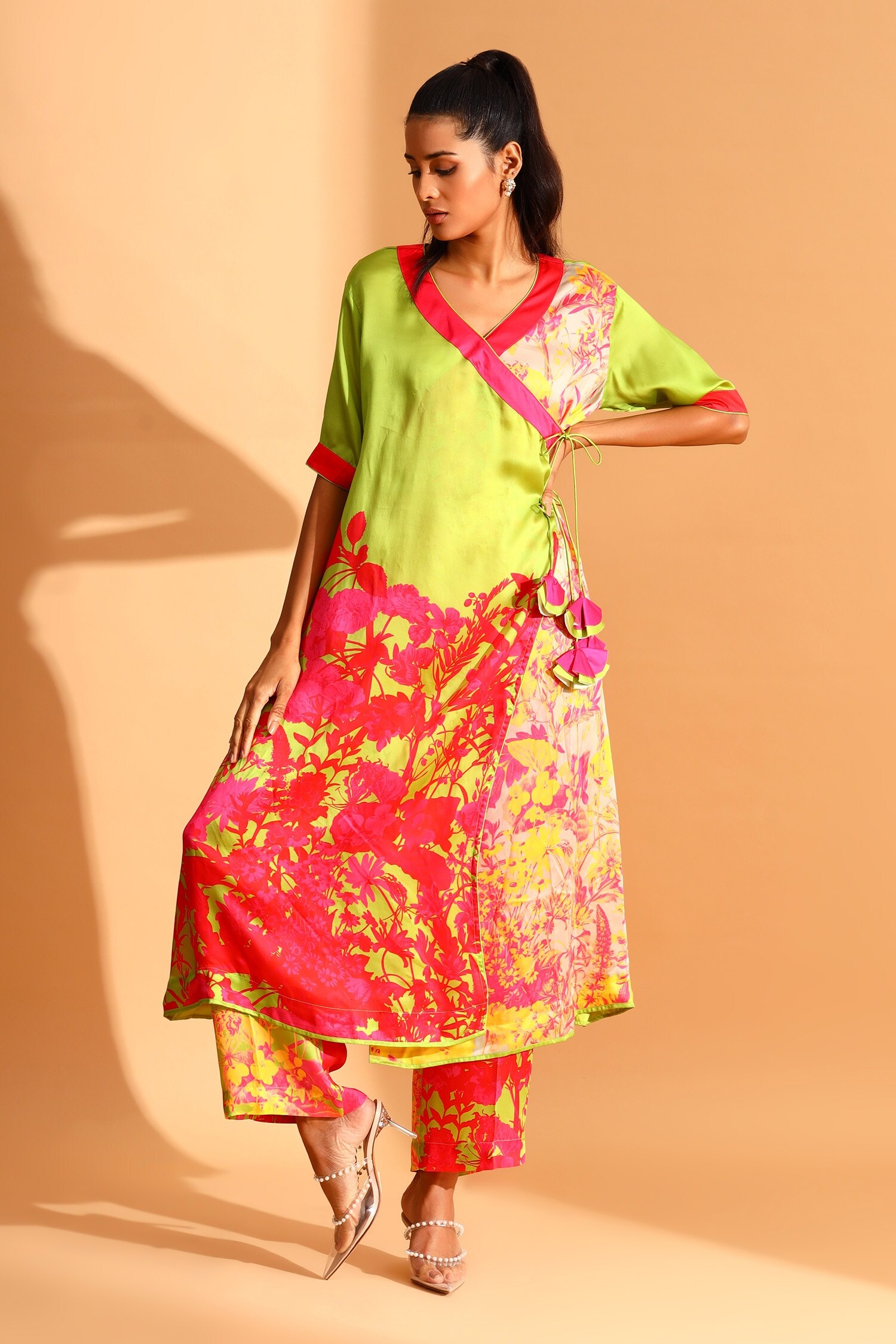 Moh India Green Cupro Printed Floral V Neck Angrakha For Women