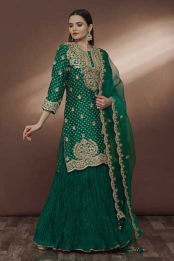 Green Soft crepe Lehriya & Bandhej Print Straight Suit with Hand work on neck